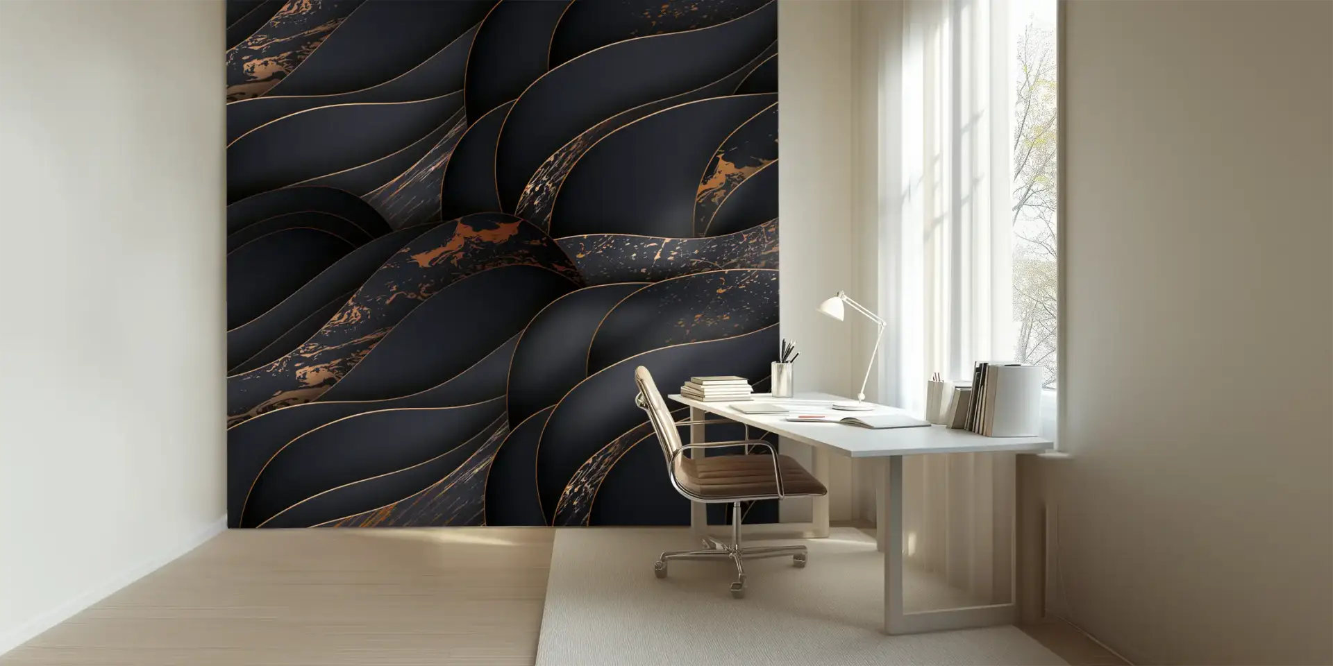 Toile tendue murale Vagues noires & bronze, posée dans un intérieur