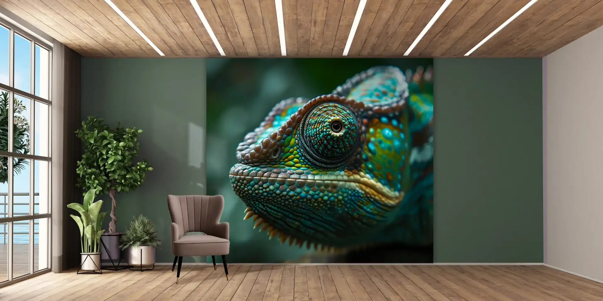 Toile tendue murale Caméléon, posée dans un intérieur