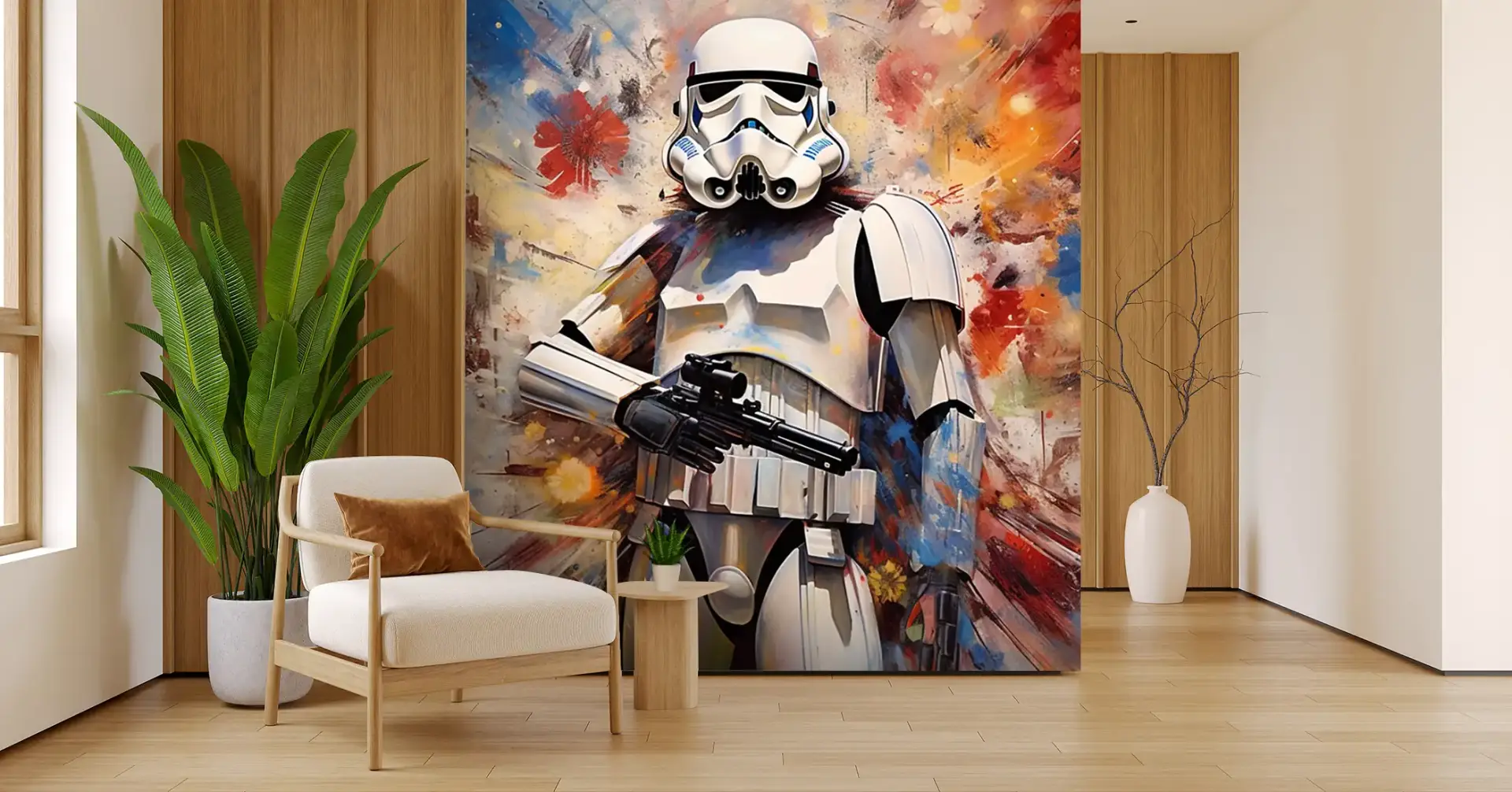 Toile tendue murale Stormtrooper and explosion of flowers, posée dans un intérieur
