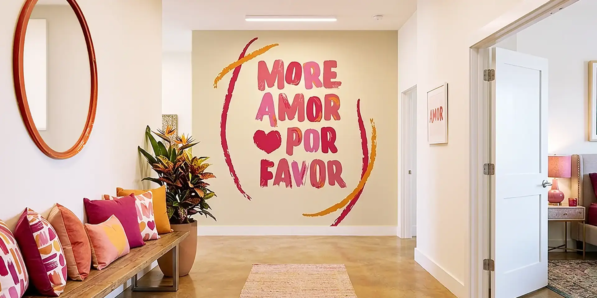 Toile tendue murale Décor mural 'More Amor Por Favor', posée dans un intérieur