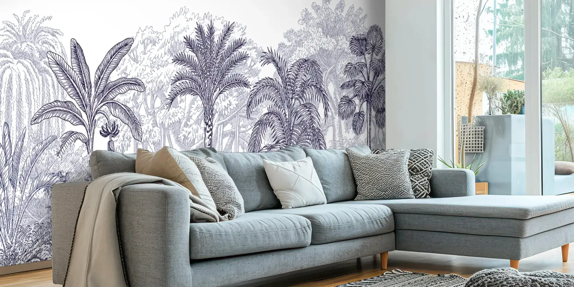 Toile tendue murale Jungle luxuriante bleue, posée dans un intérieur