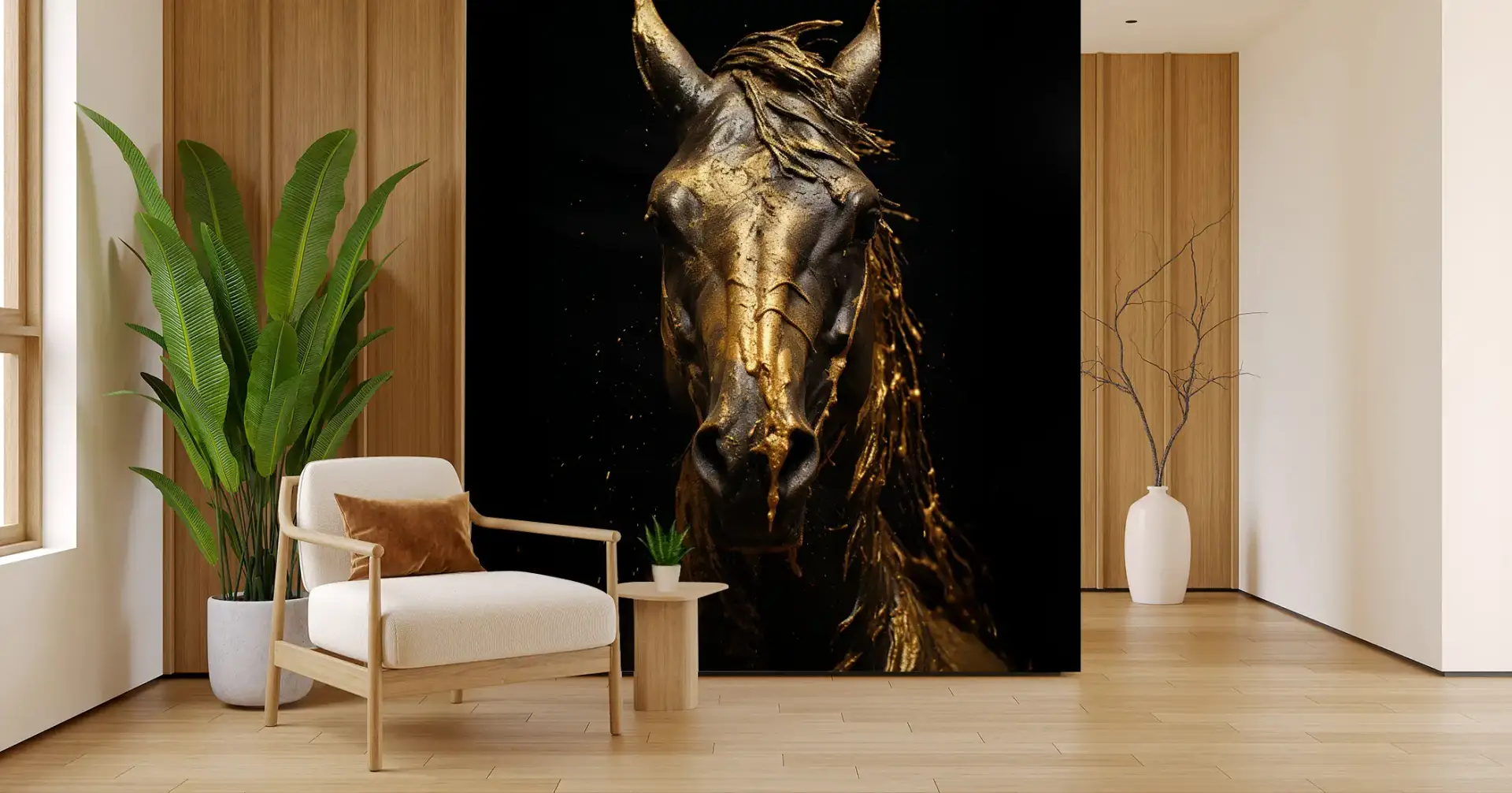 Toile tendue murale Etalon d'Or, posée dans un intérieur