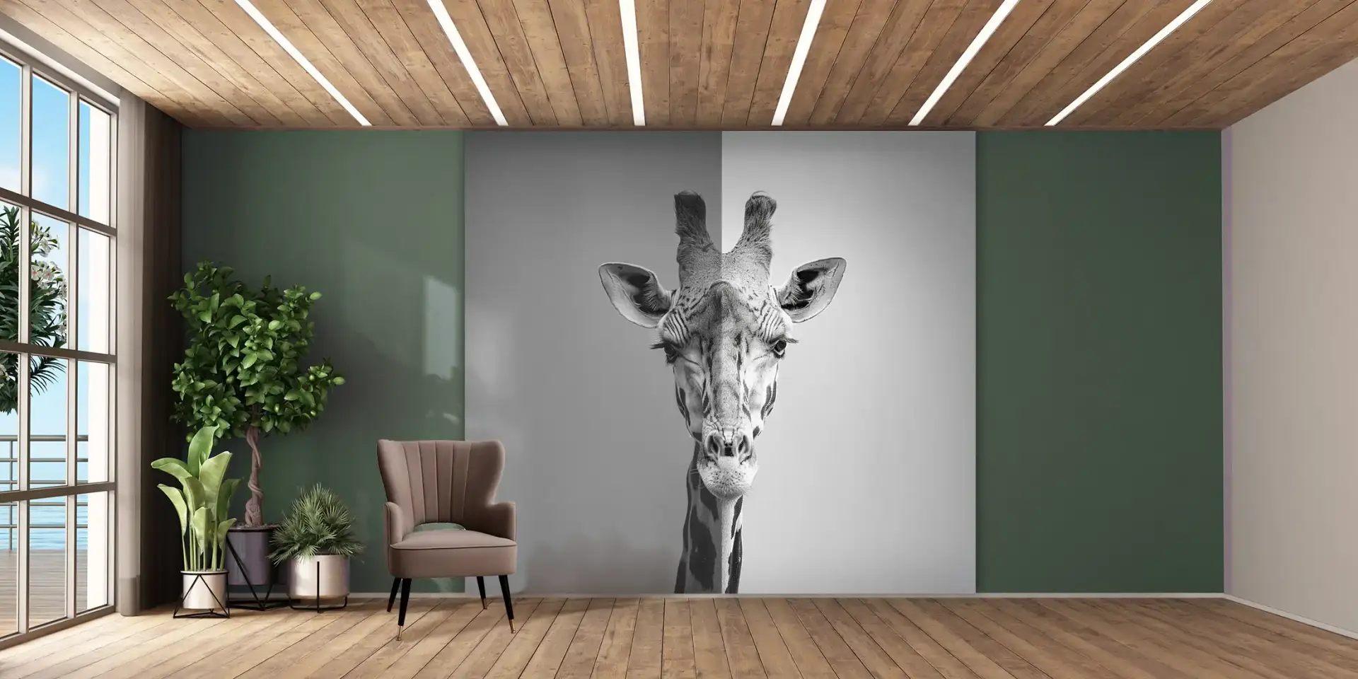 Toile tendue murale Portrait de girafe noir et blanc, posée dans un intérieur