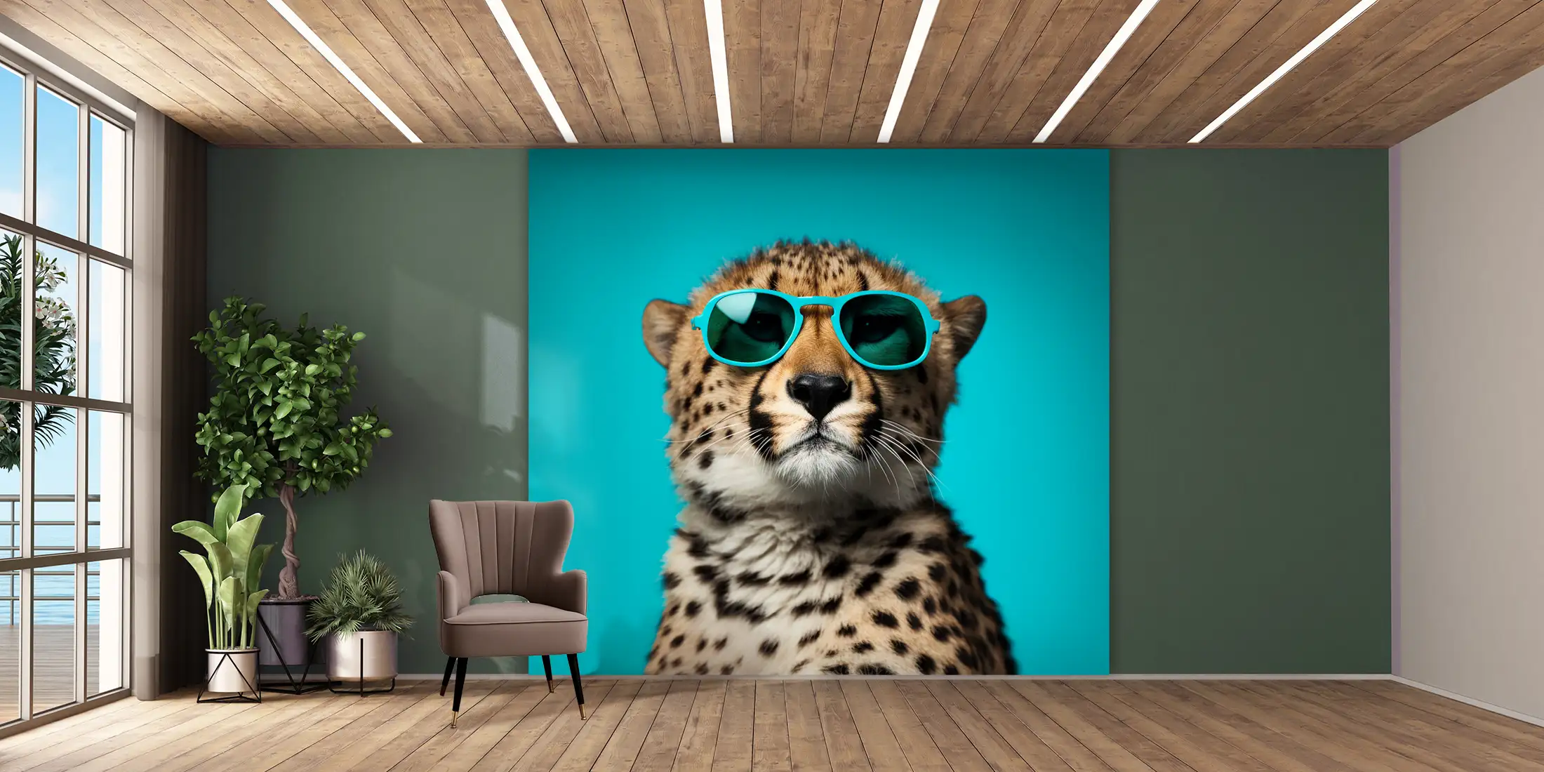 Toile tendue murale Guépard stylé, posée dans un intérieur