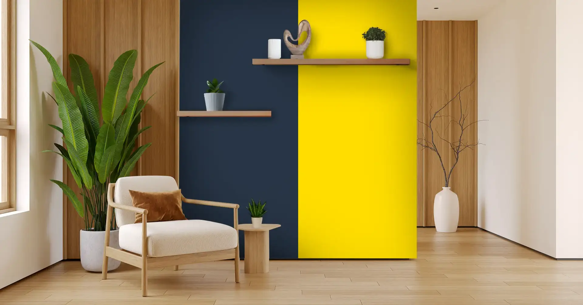 Toile tendue murale Bicolore Bleu marine et Jaune, posée dans un intérieur