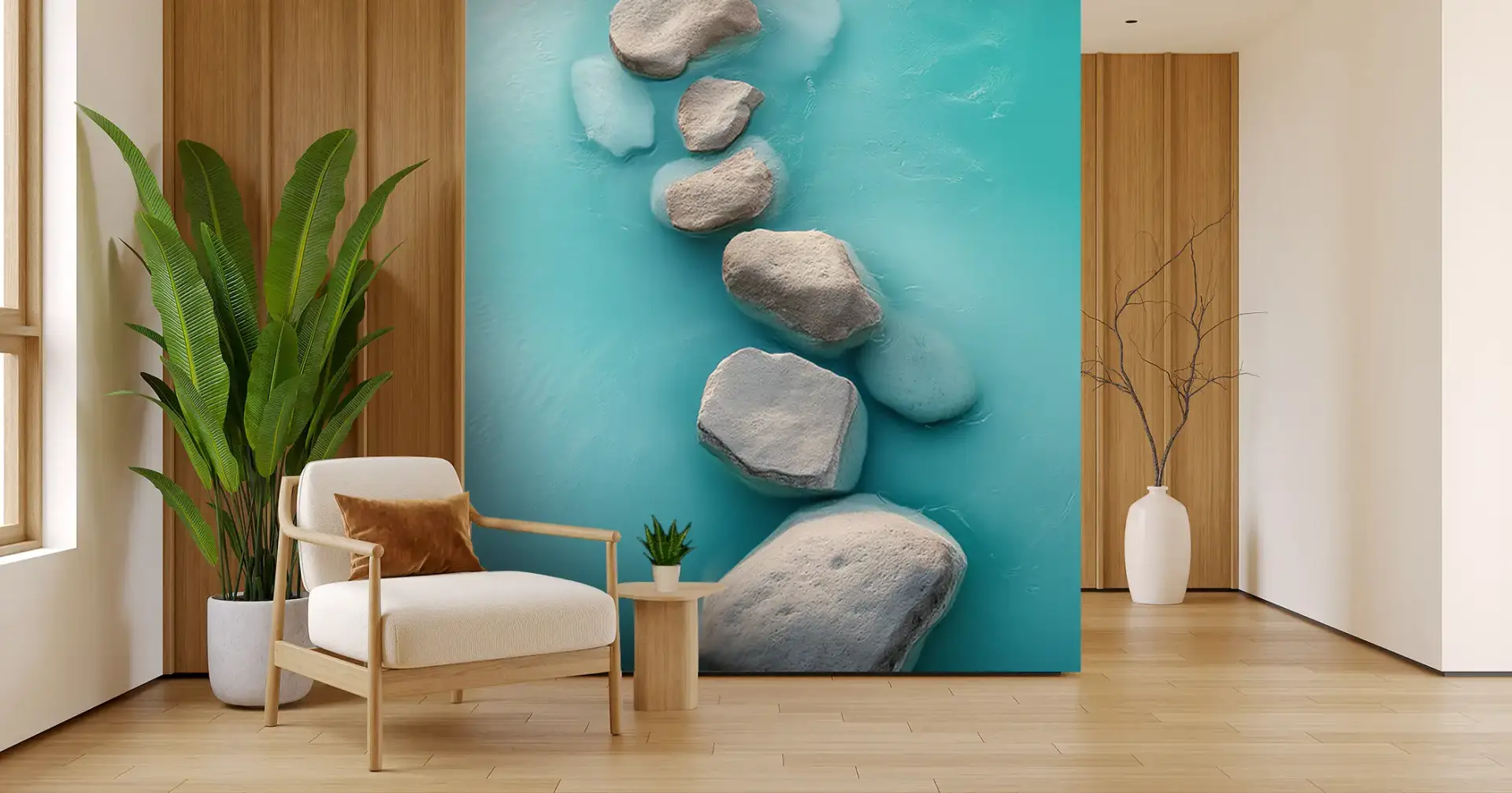 Toile tendue murale Chemin de pierres, posée dans un intérieur