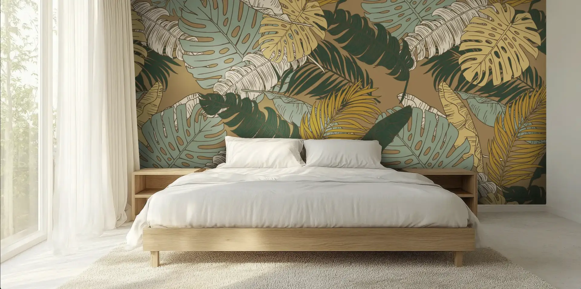 377d3064-7c58-463e-90da-9c7734773590 Toile tendue murale Feuilles tropicales nature, posée dans un intérieur