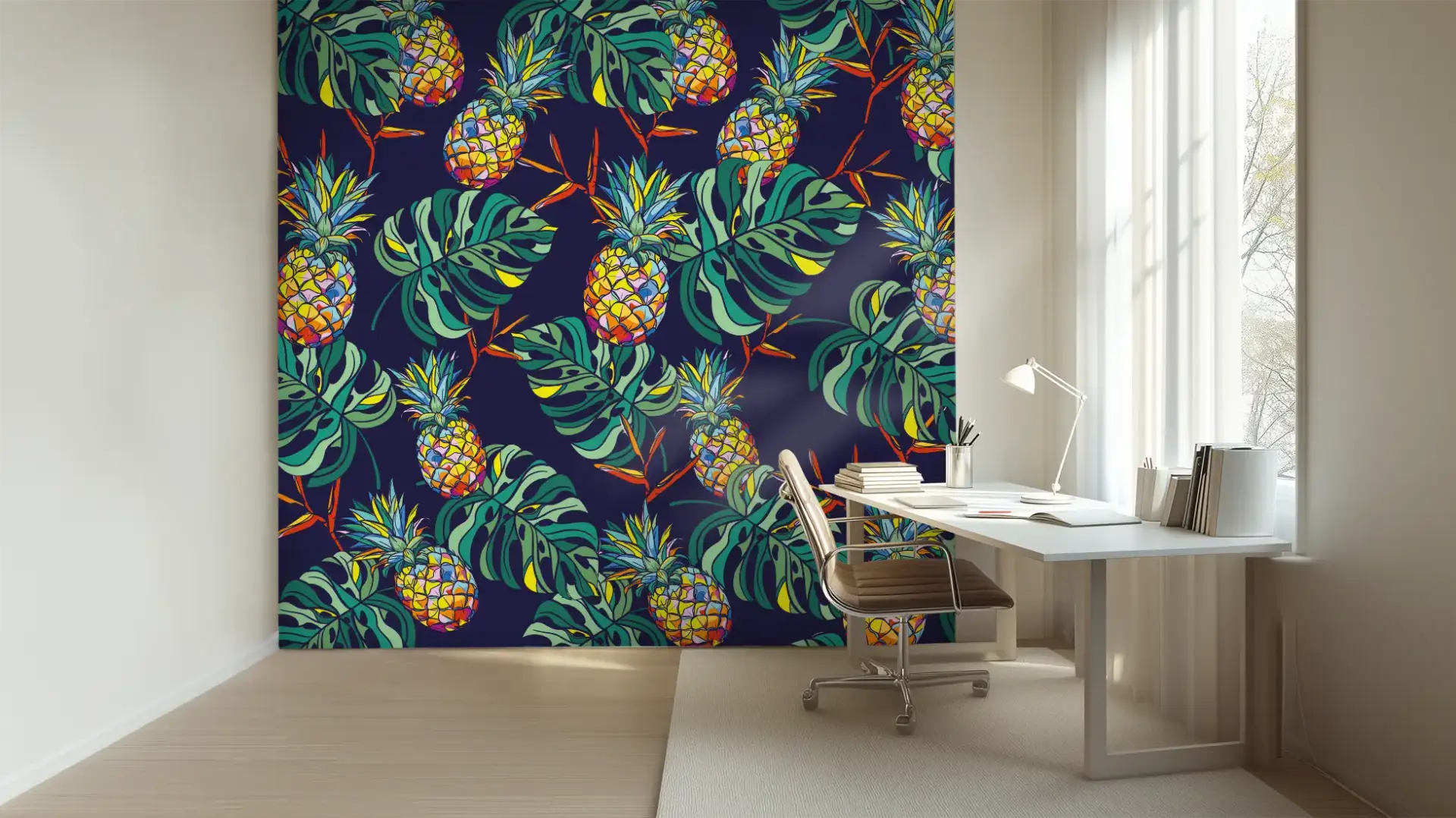 Toile tendue murale Ananas en folie, posée dans un intérieur