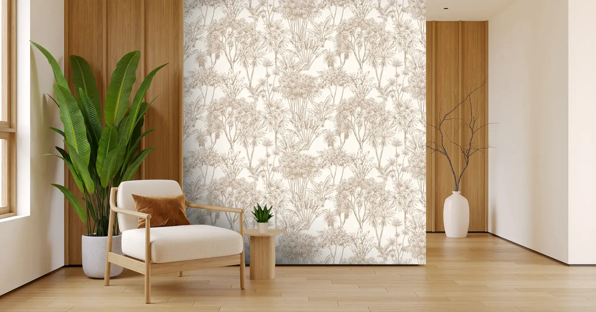 Toile tendue murale Végétation nuances de beige, posée dans un intérieur