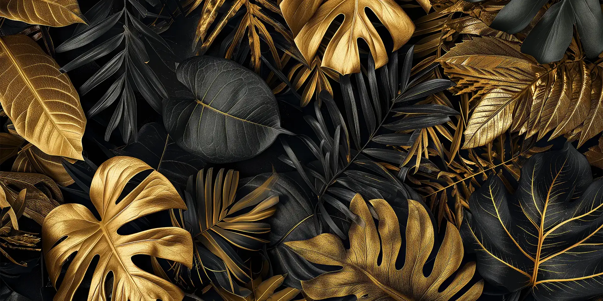 Toile tendue murale Feuilles tropicales noires et dorées, posée dans un intérieur