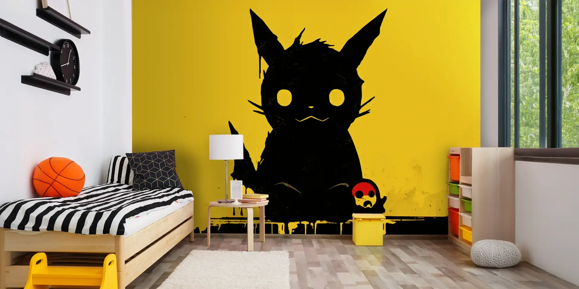 Toile tendue murale Graffiti de Pikachu, posée dans un intérieur