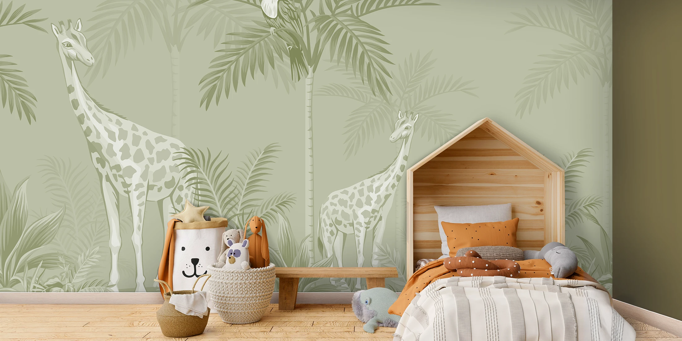 Toile tendue murale Les Girafes dans leur Jungle - KAKI, posée dans un intérieur