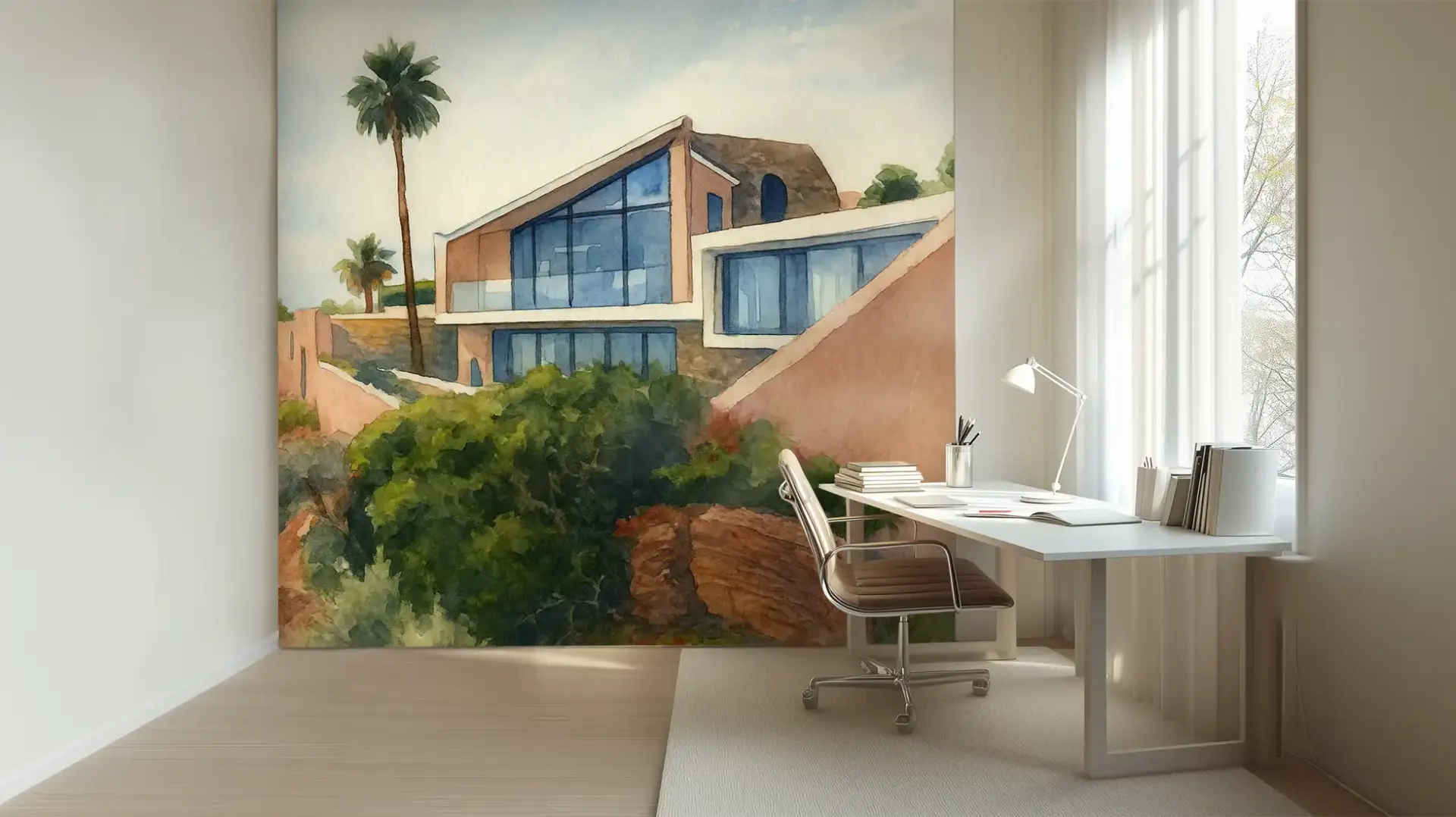 Toile tendue murale Villa en bord de Côte, posée dans un intérieur