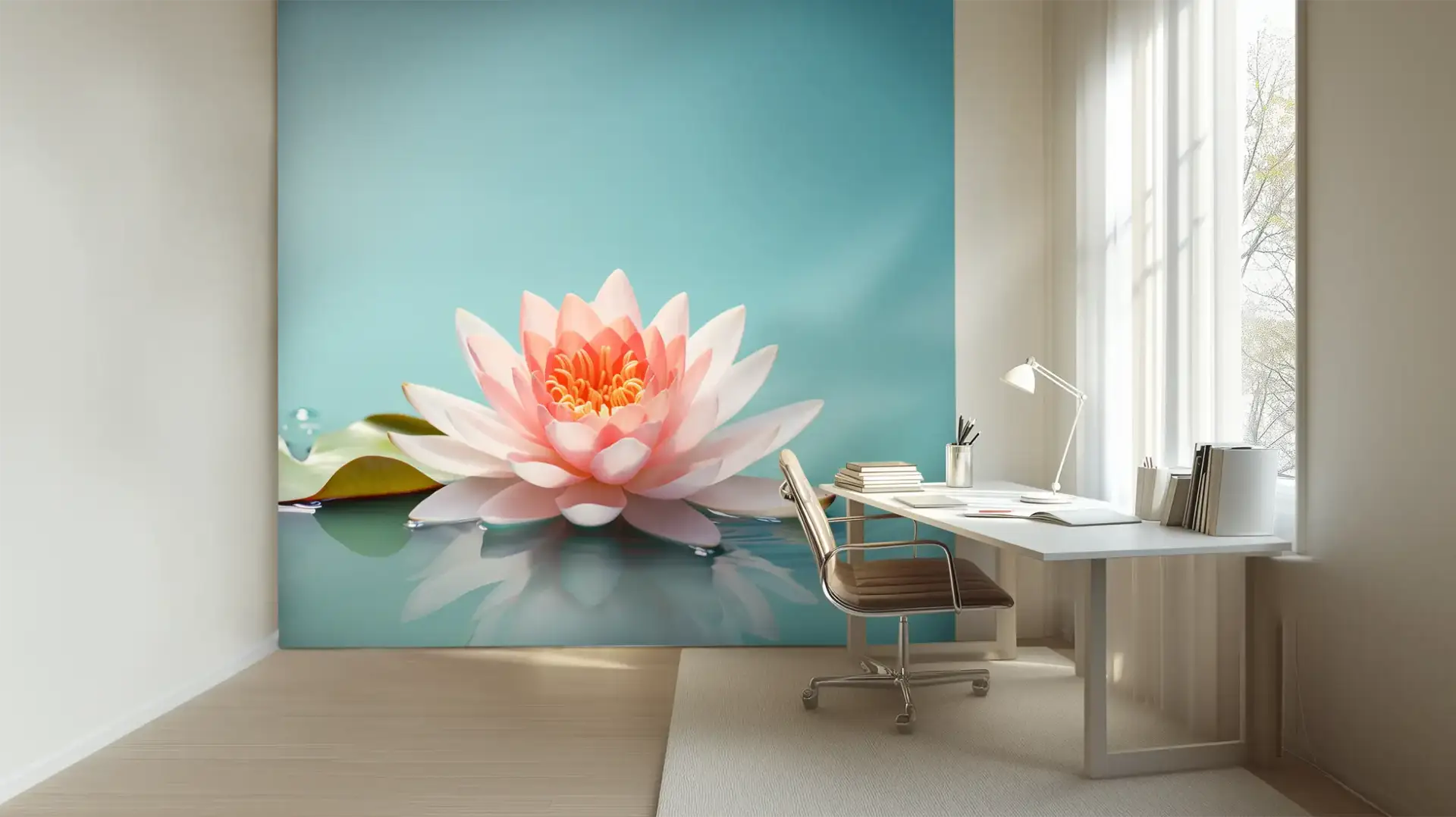 Toile tendue murale Fleur de Lotus rose, posée dans un intérieur