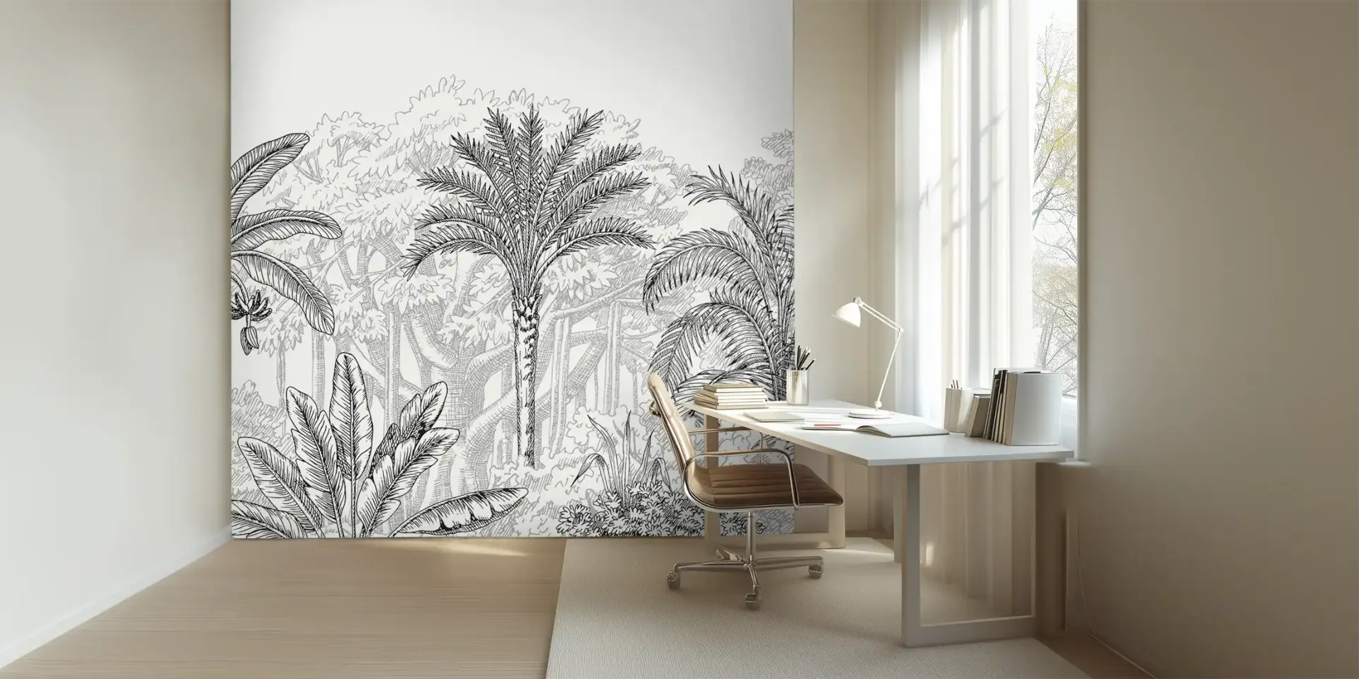 Toile tendue murale Jungle noire, posée dans un intérieur