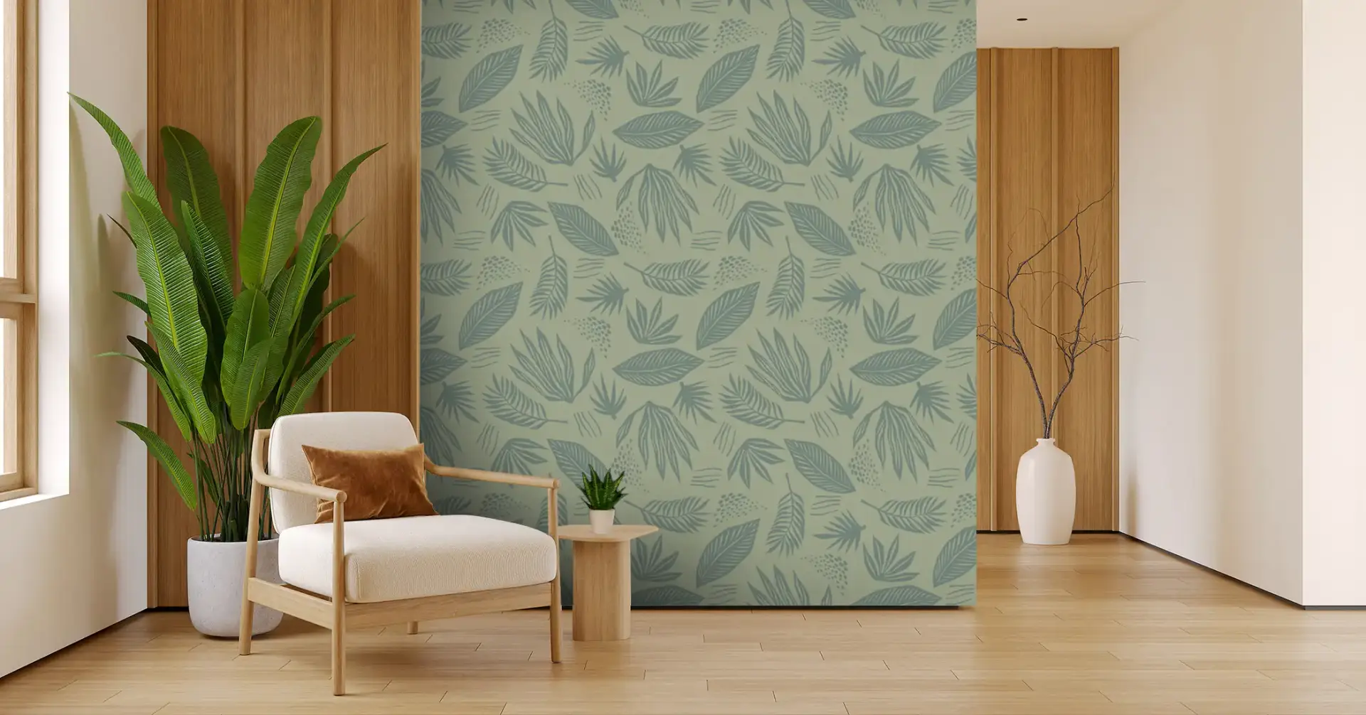Toile tendue murale Feuilles figuratives, posée dans un intérieur