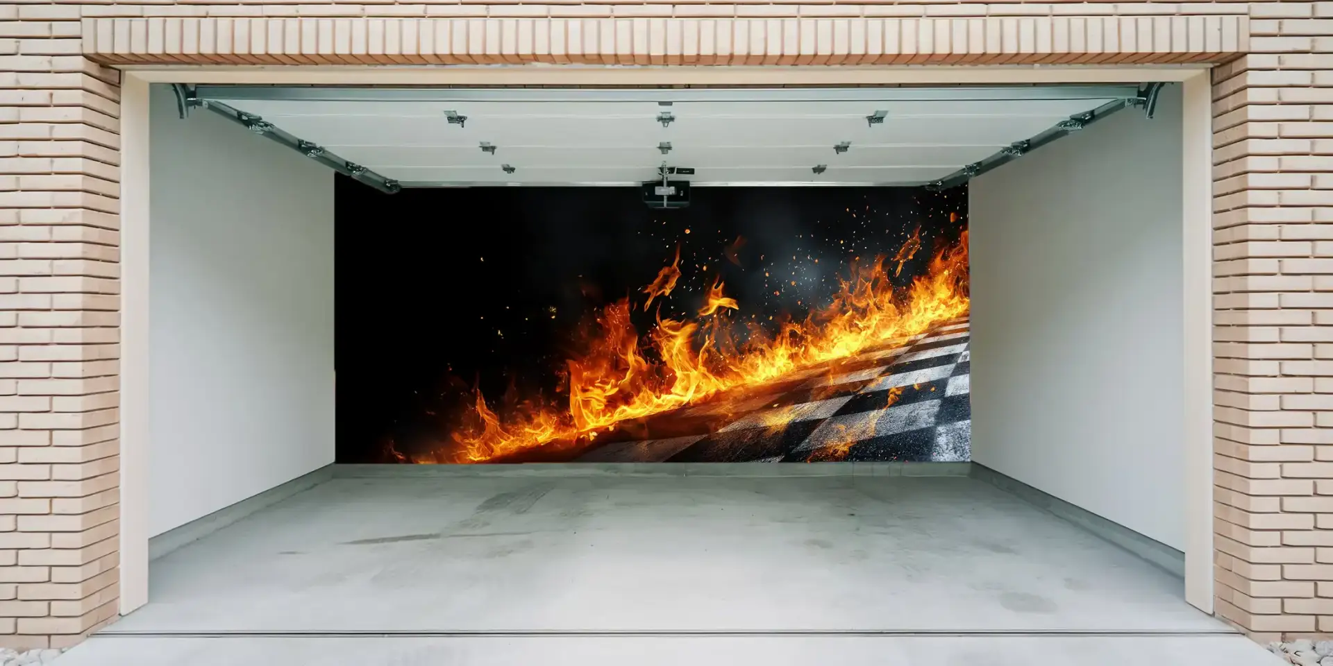 Toile tendue murale Road in fire, posée dans un intérieur