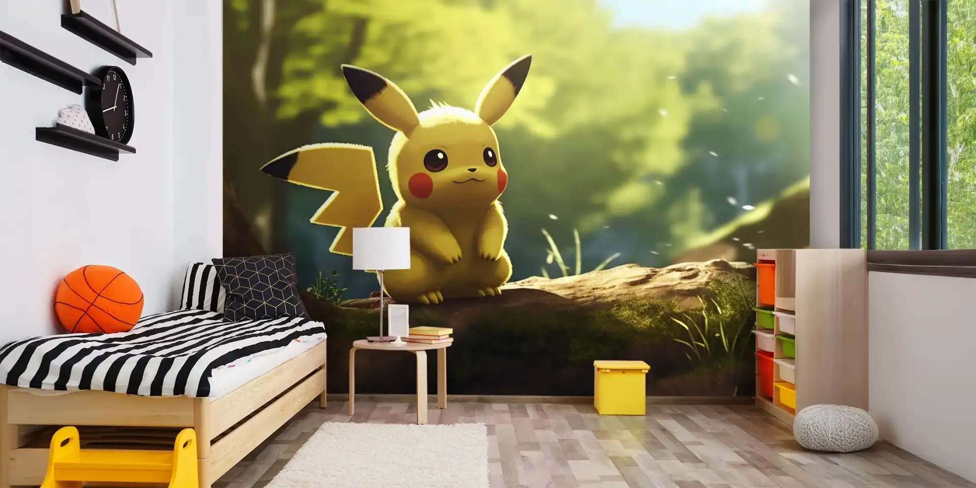 Toile tendue murale Pikachu so cute, posée dans un intérieur