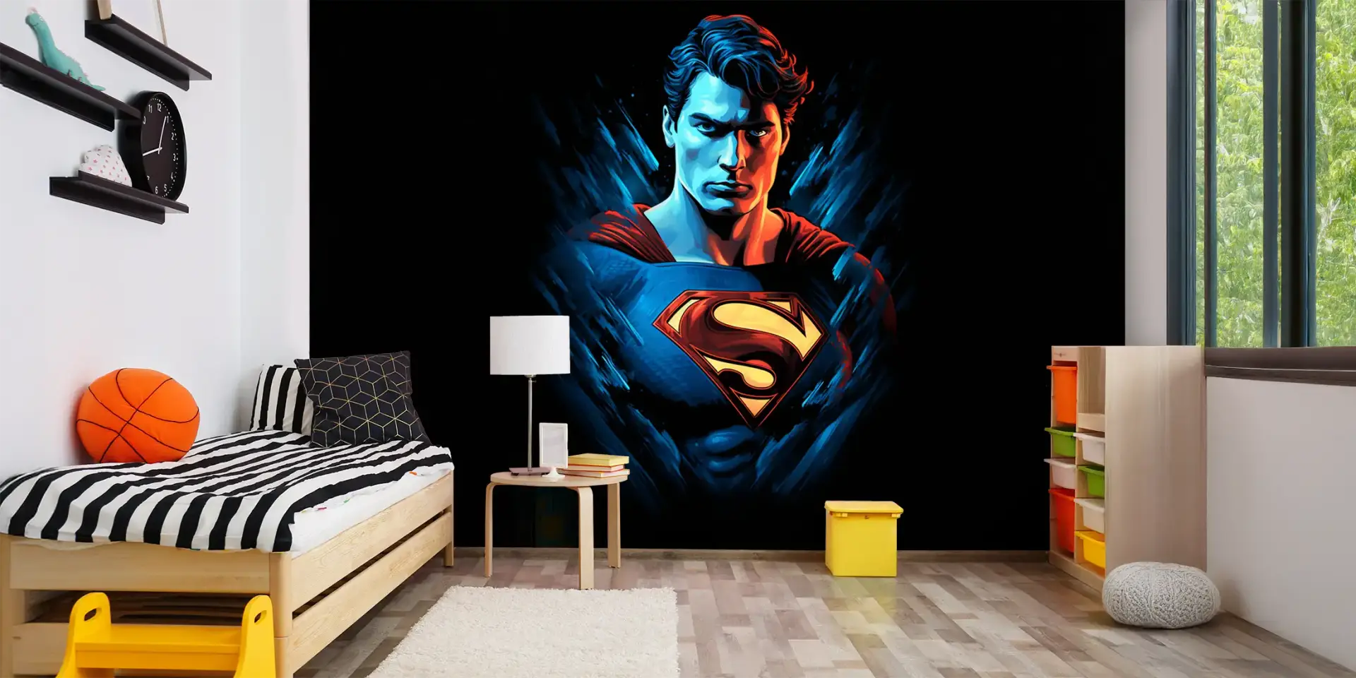 Toile tendue murale Superman, posée dans un intérieur
