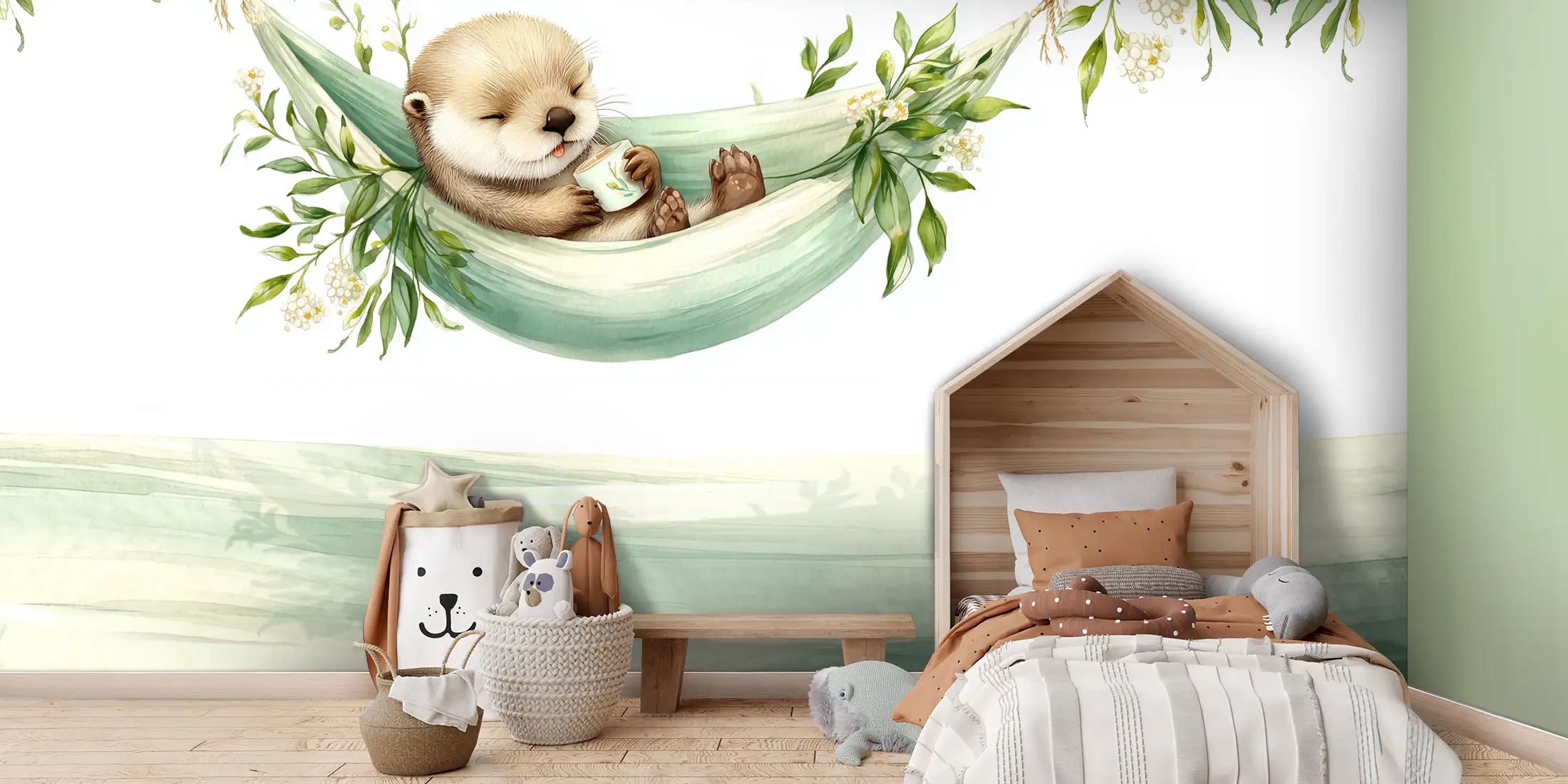 Toile tendue murale Loutre dans son hamac, posée dans un intérieur