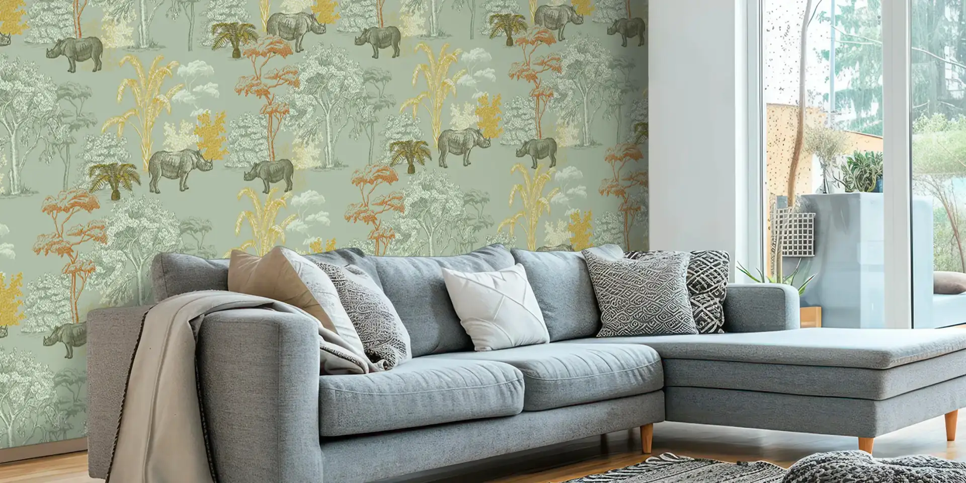 Toile tendue murale Ballade au milieu des Rhinocéros, posée dans un intérieur