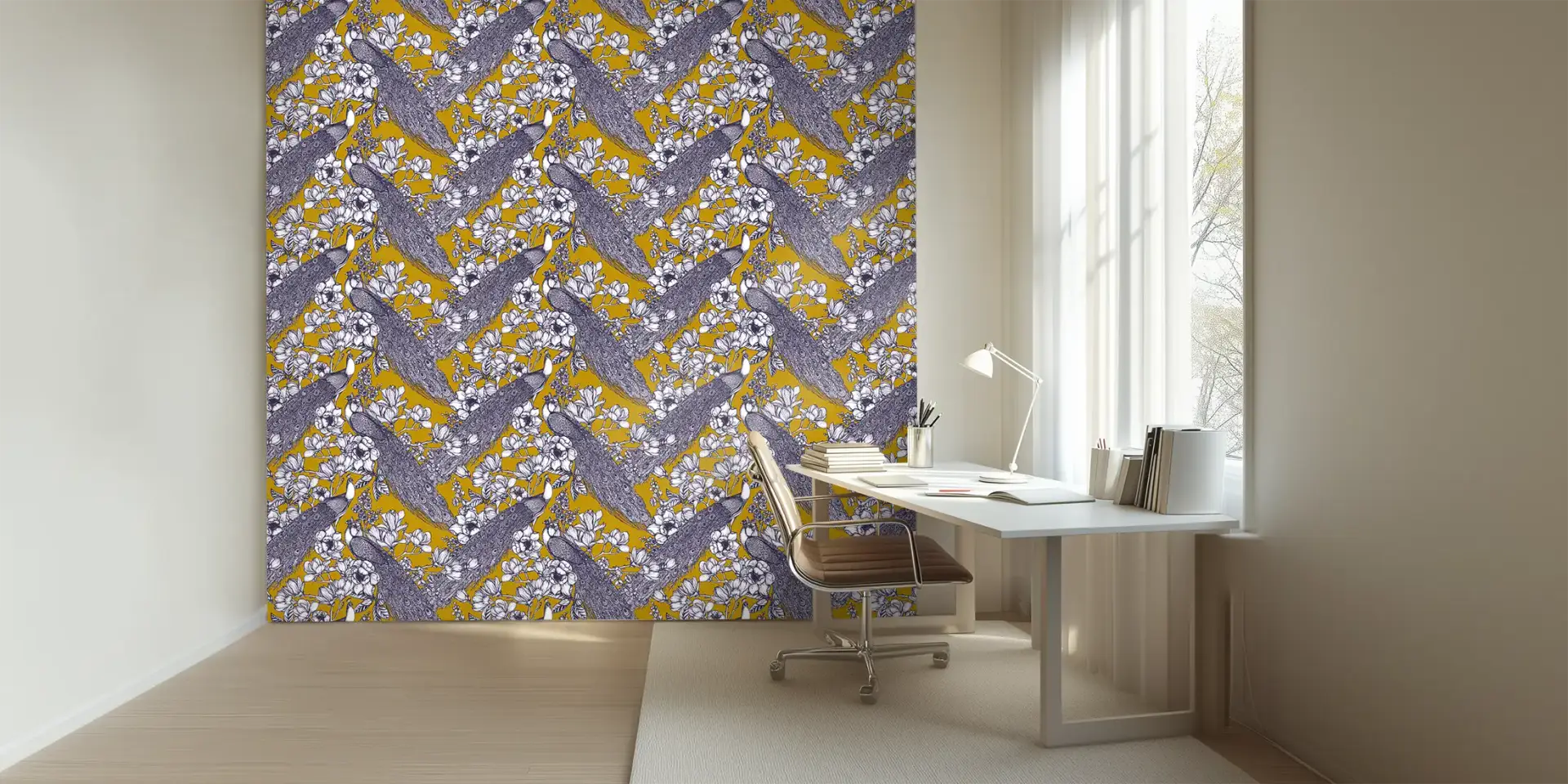 Toile tendue murale Paons Bleus & Jaune moutarde, posée dans un intérieur