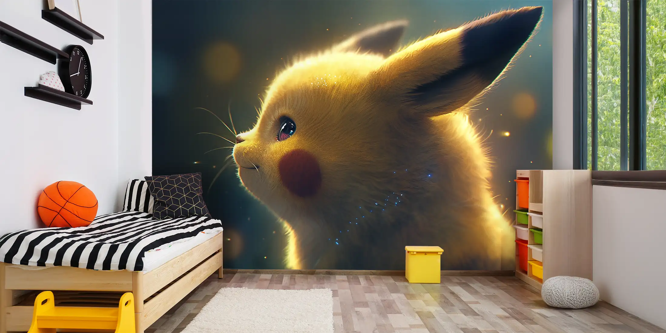 Toile tendue murale Portrait de Pikachu, posée dans un intérieur