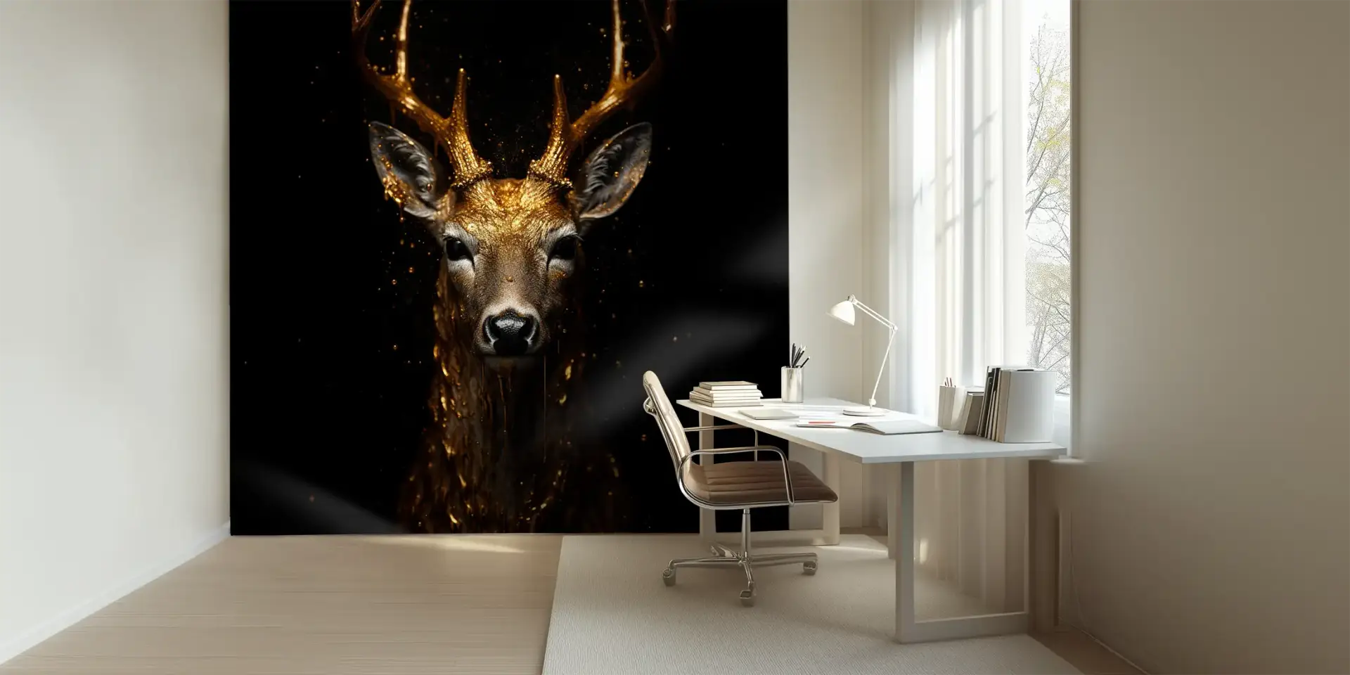Toile tendue murale Cerf doré, posée dans un intérieur