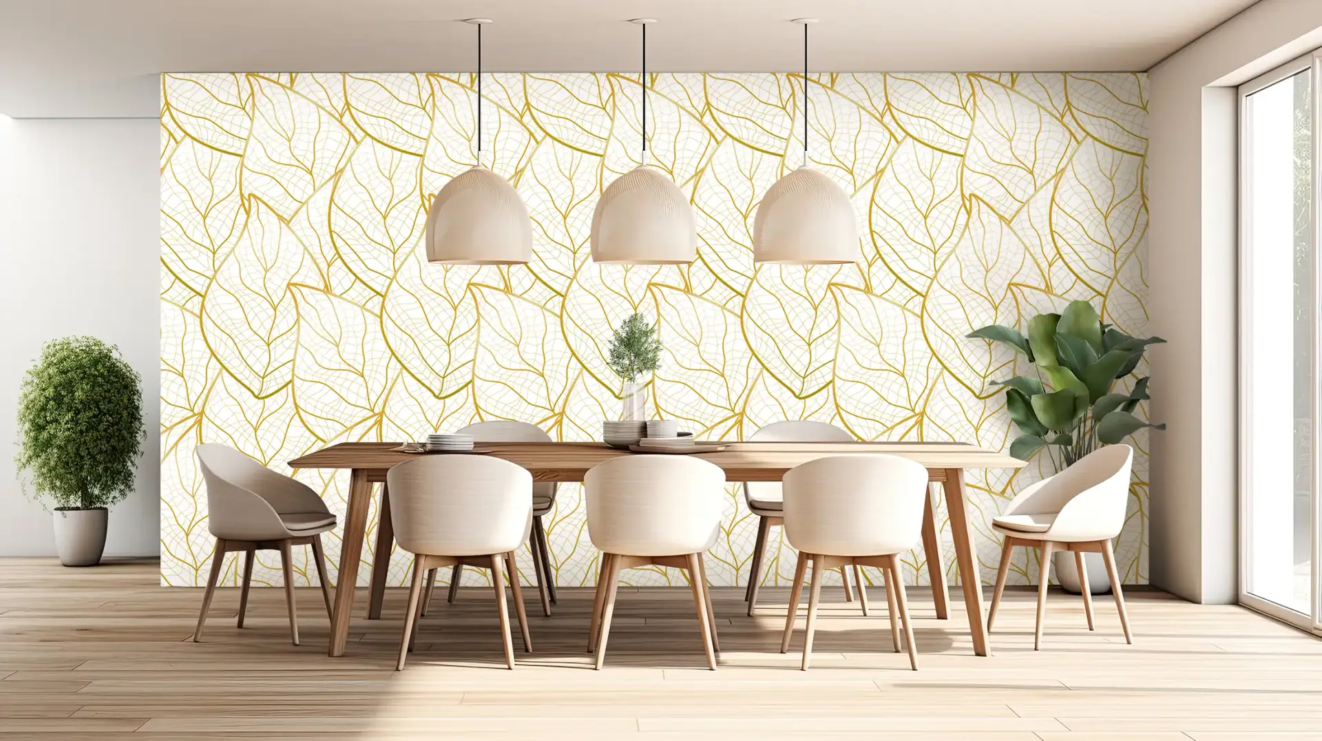 Toile tendue murale Feuilles d'Or en filet, posée dans un intérieur