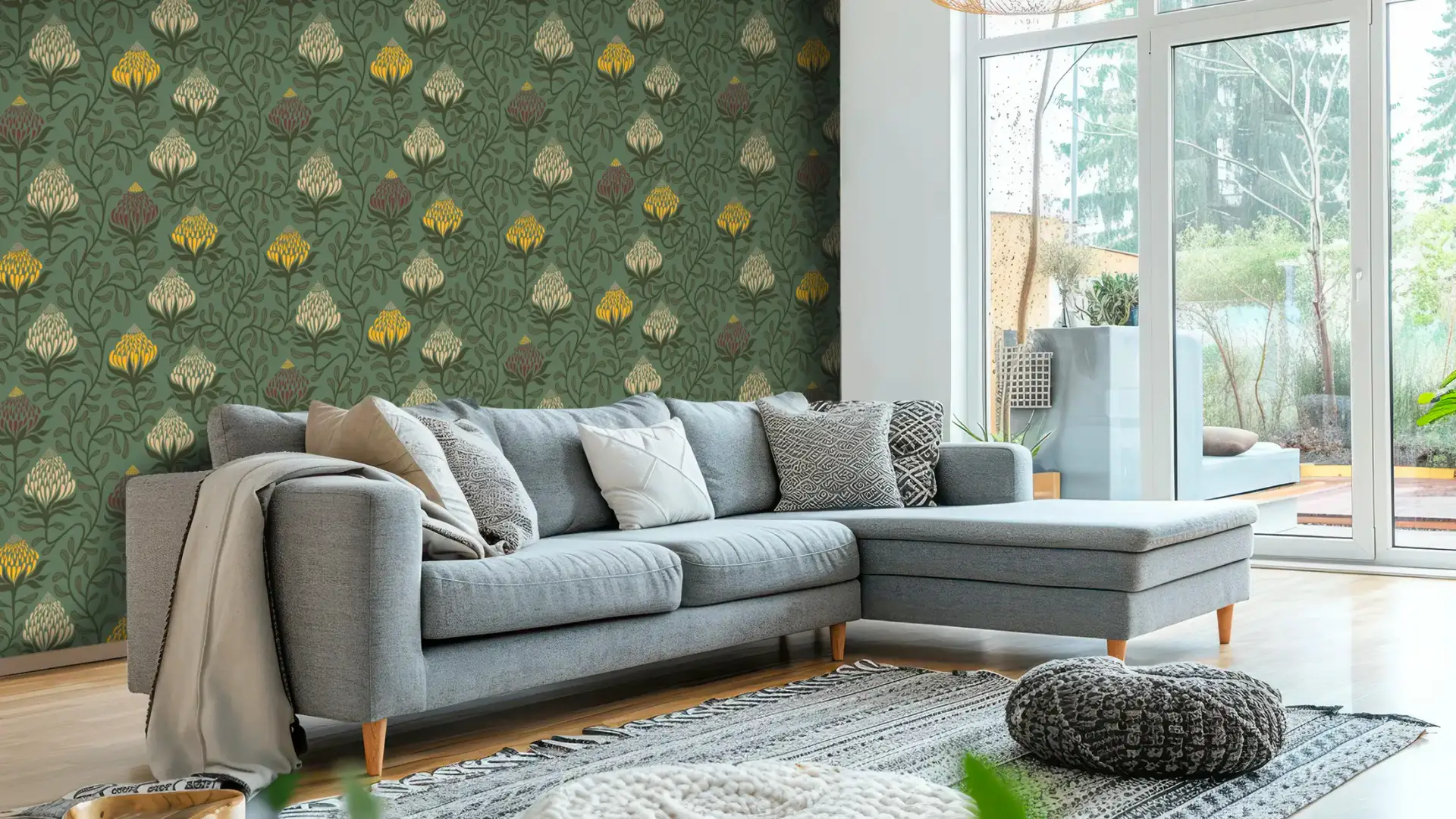 Toile tendue murale Fleurs exotiques, posée dans un intérieur