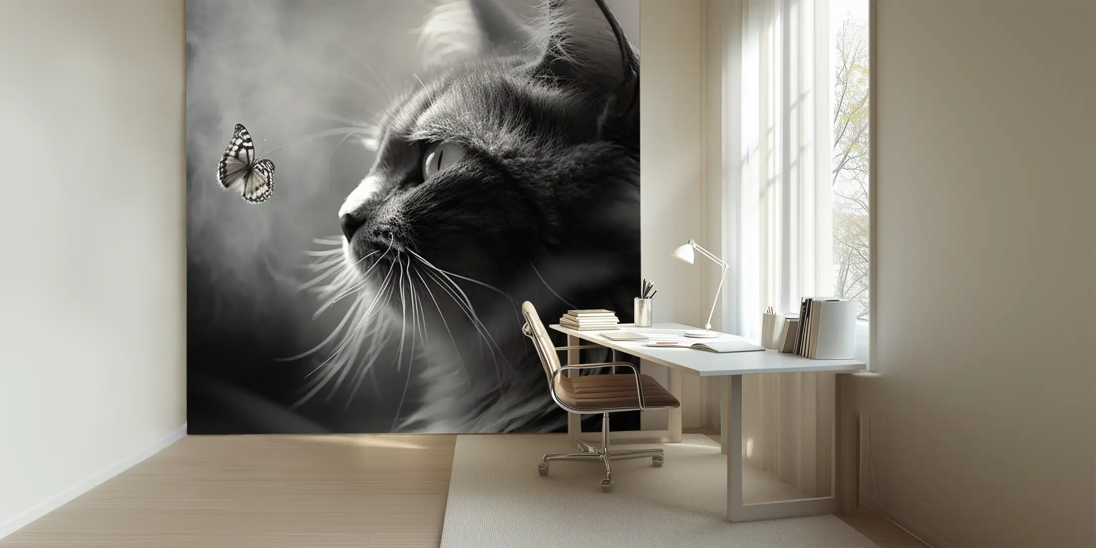Toile tendue murale Le chat et son Papillon, posée dans un intérieur