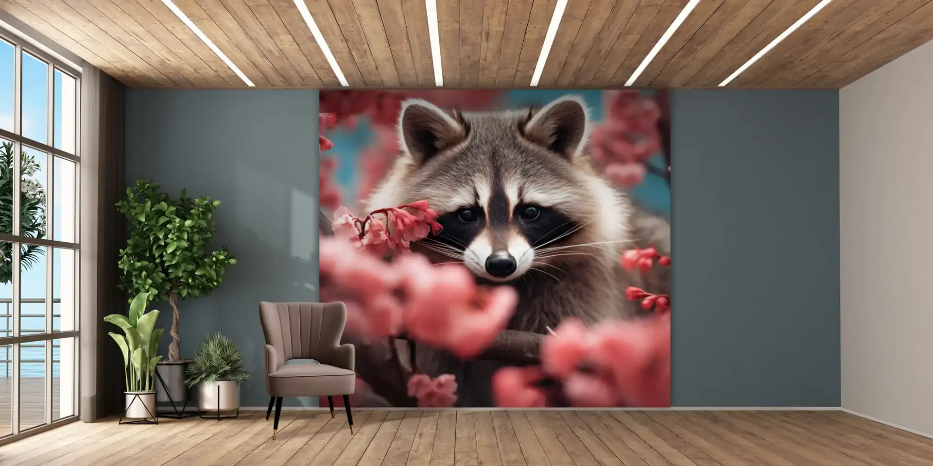 Toile tendue murale Raton laveur et son Cerisier, posée dans un intérieur