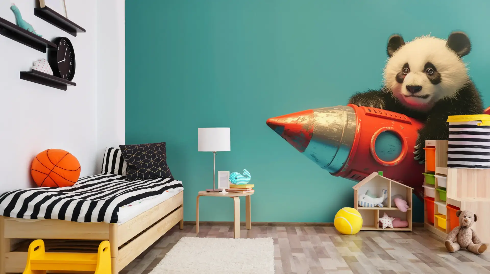 b7999ed4-ef6d-4bb8-beec-7fc7097b9a25 Toile tendue murale Panda Rocket, posée dans un intérieur