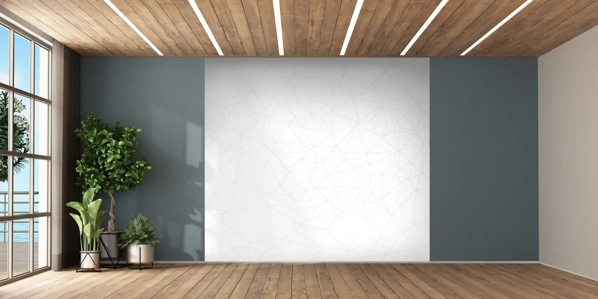 Toile tendue murale Nuages de filets triangulaires, posée dans un intérieur