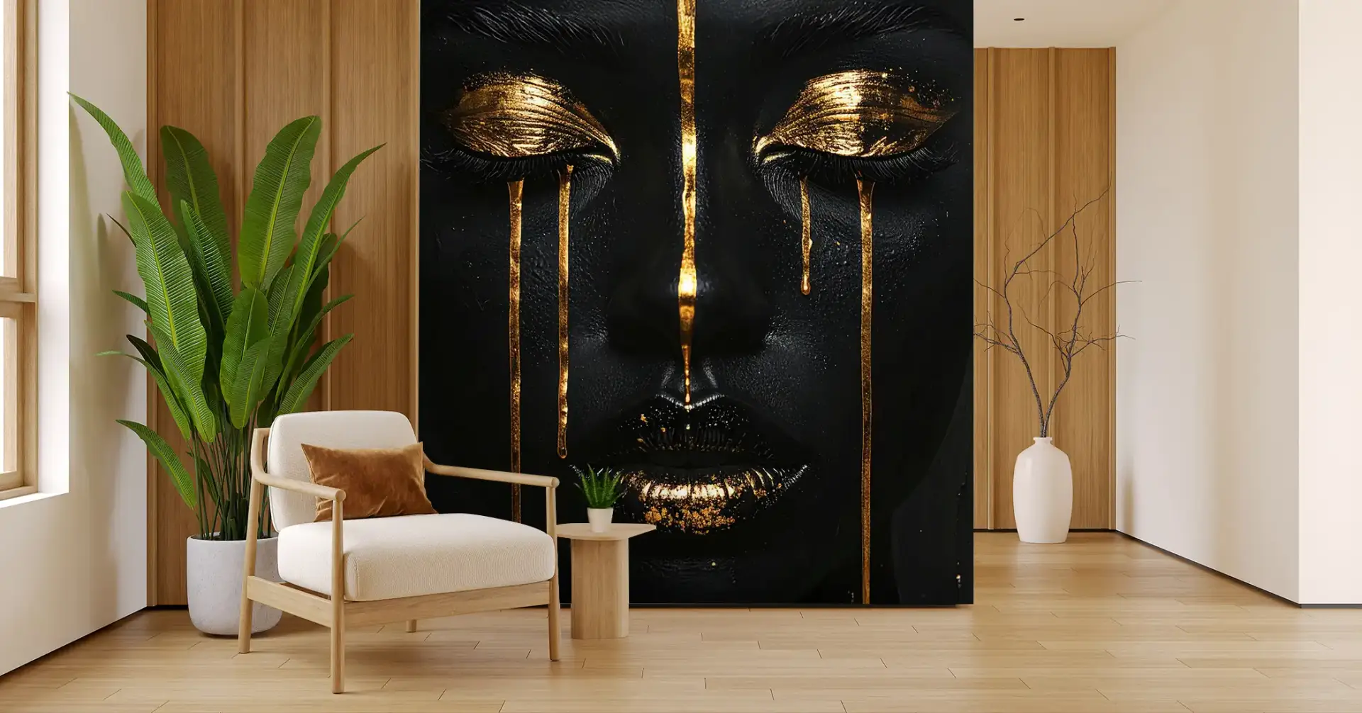 Toile tendue murale Golden cries, posée dans un intérieur