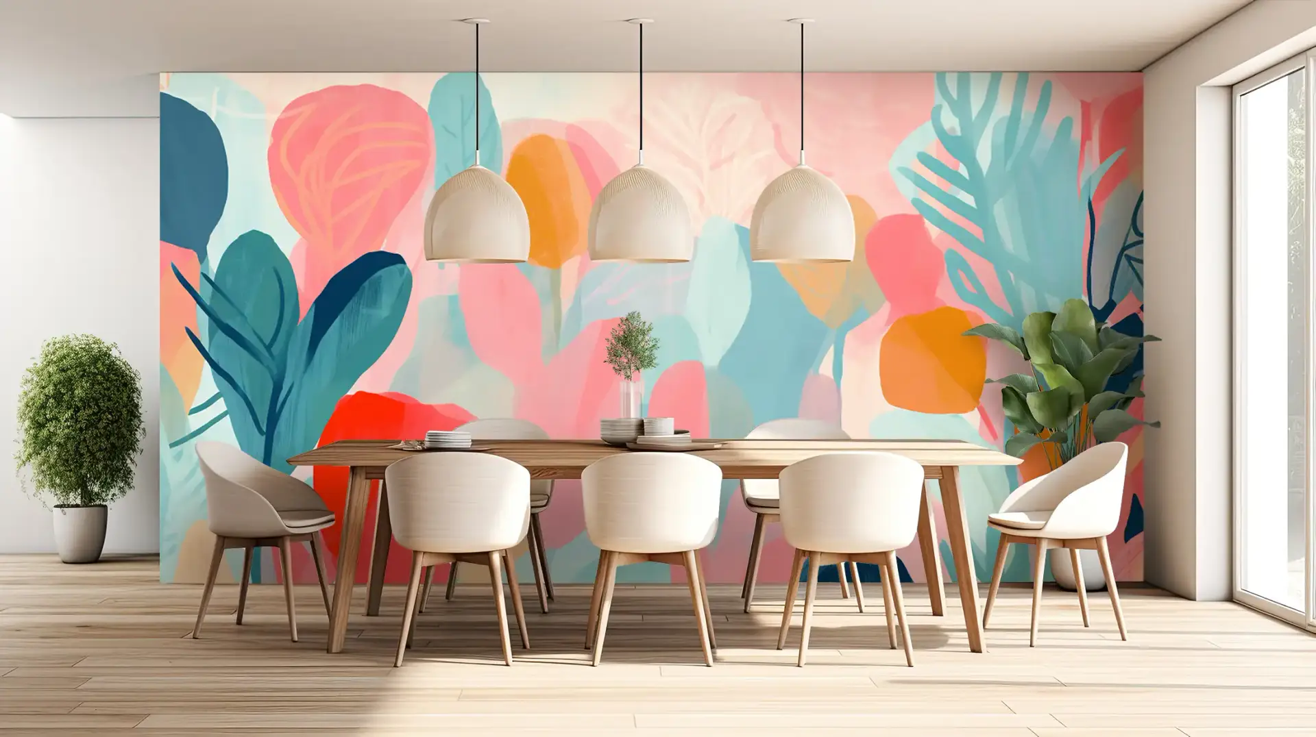 Toile tendue murale Peinture abstraite florale, posée dans un intérieur