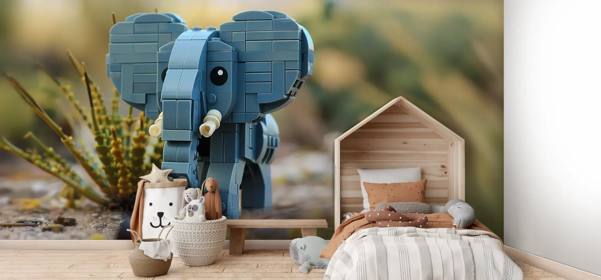 Toile tendue murale Éléphant LEGO, posée dans un intérieur
