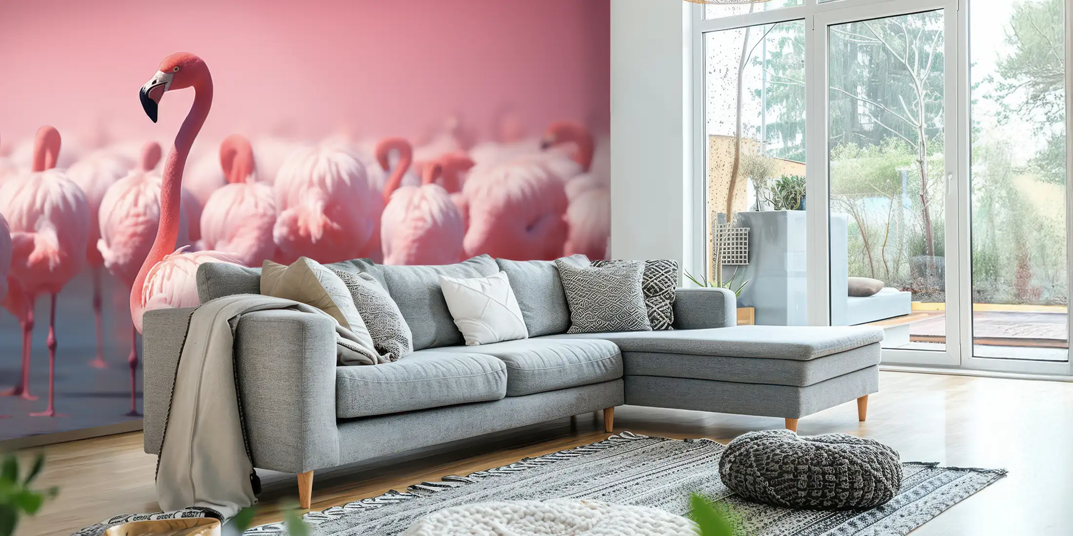 Toile tendue murale Flamants roses, posée dans un intérieur