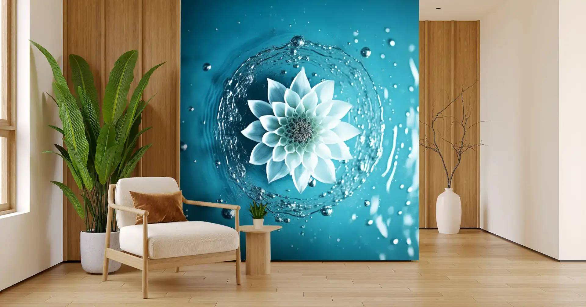 Toile tendue murale Lotus et ondes vibratoires, posée dans un intérieur