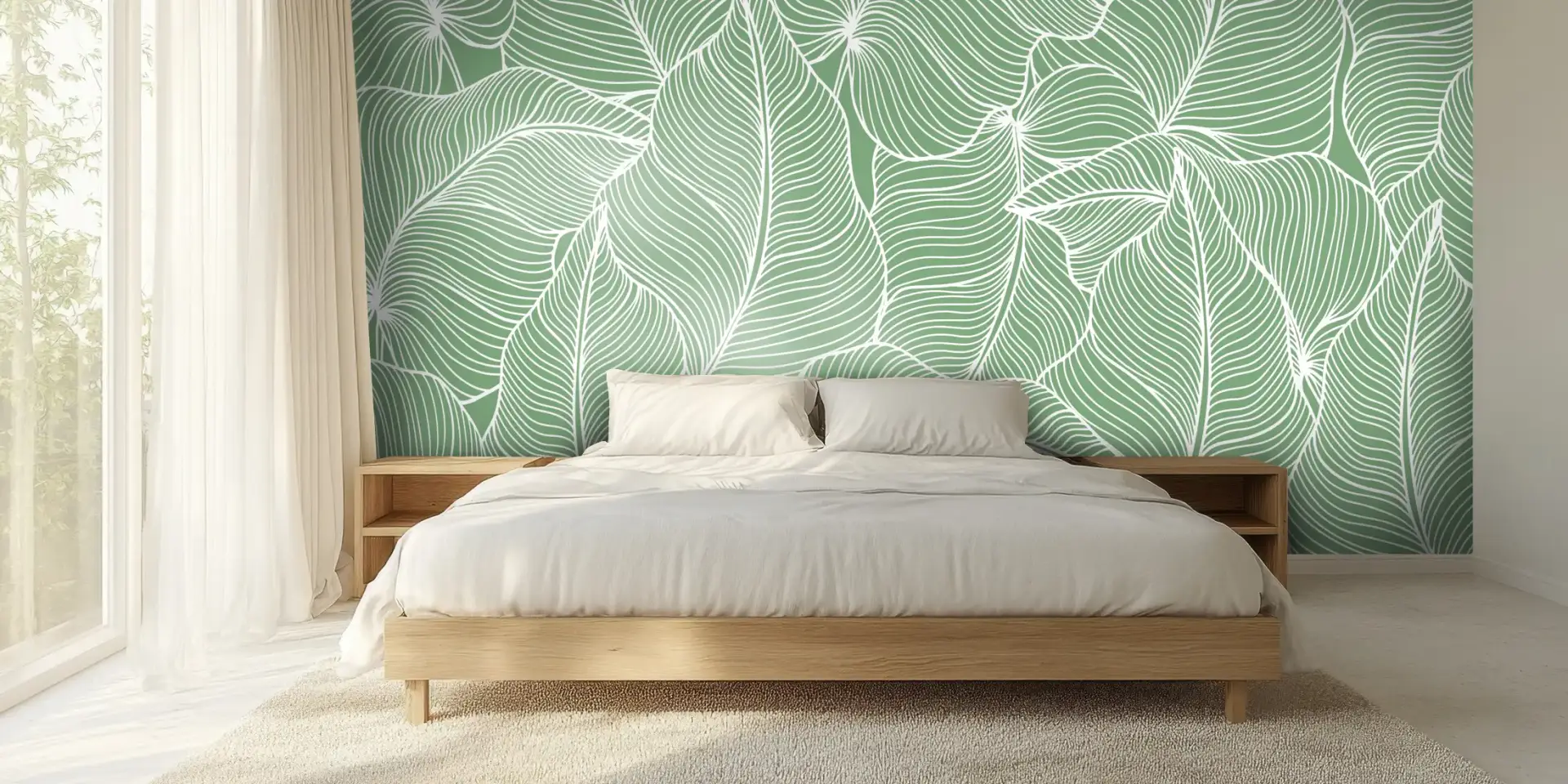 Toile tendue murale Feuilles tropicales surdimensionnées, posée dans un intérieur