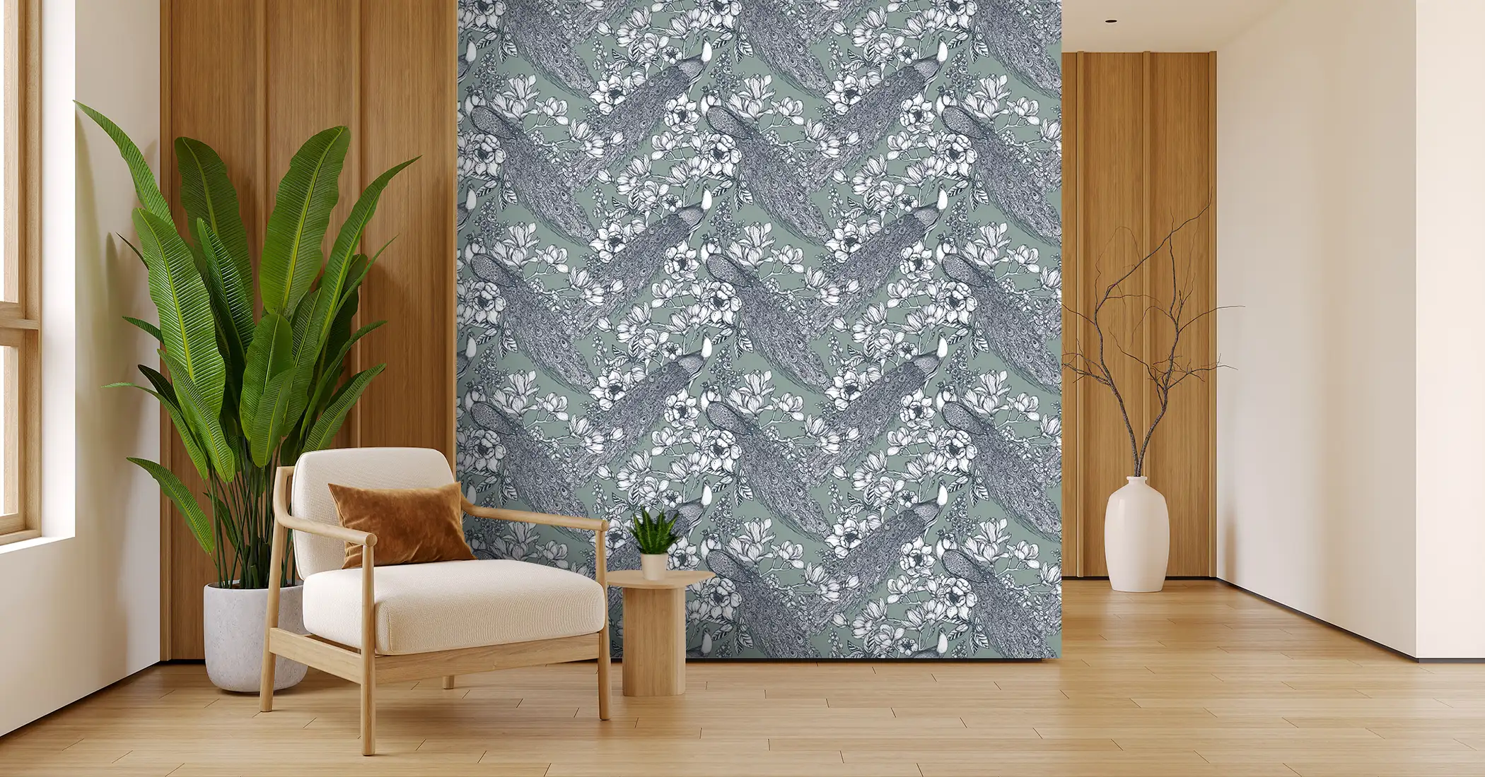 Toile tendue murale Paons Vert-bleuté, posée dans un intérieur