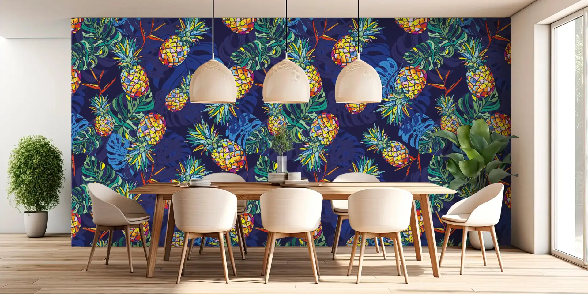Toile tendue murale Farandole d'ananas, posée dans un intérieur