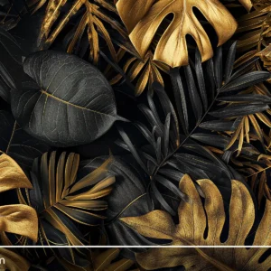 Toile tendue murale Feuilles tropicales noires et dorées, deuxième visuel