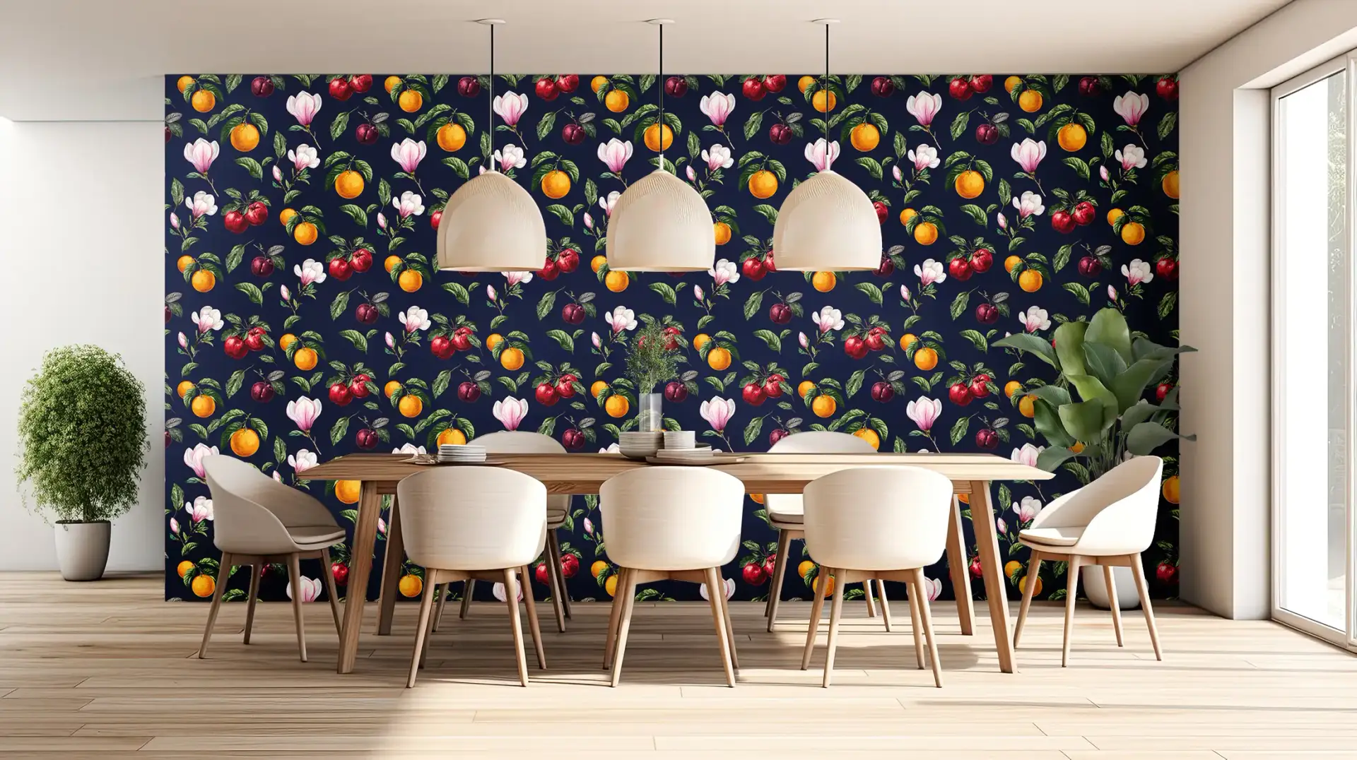 Toile tendue murale Multifruits et Magnolias, posée dans un intérieur