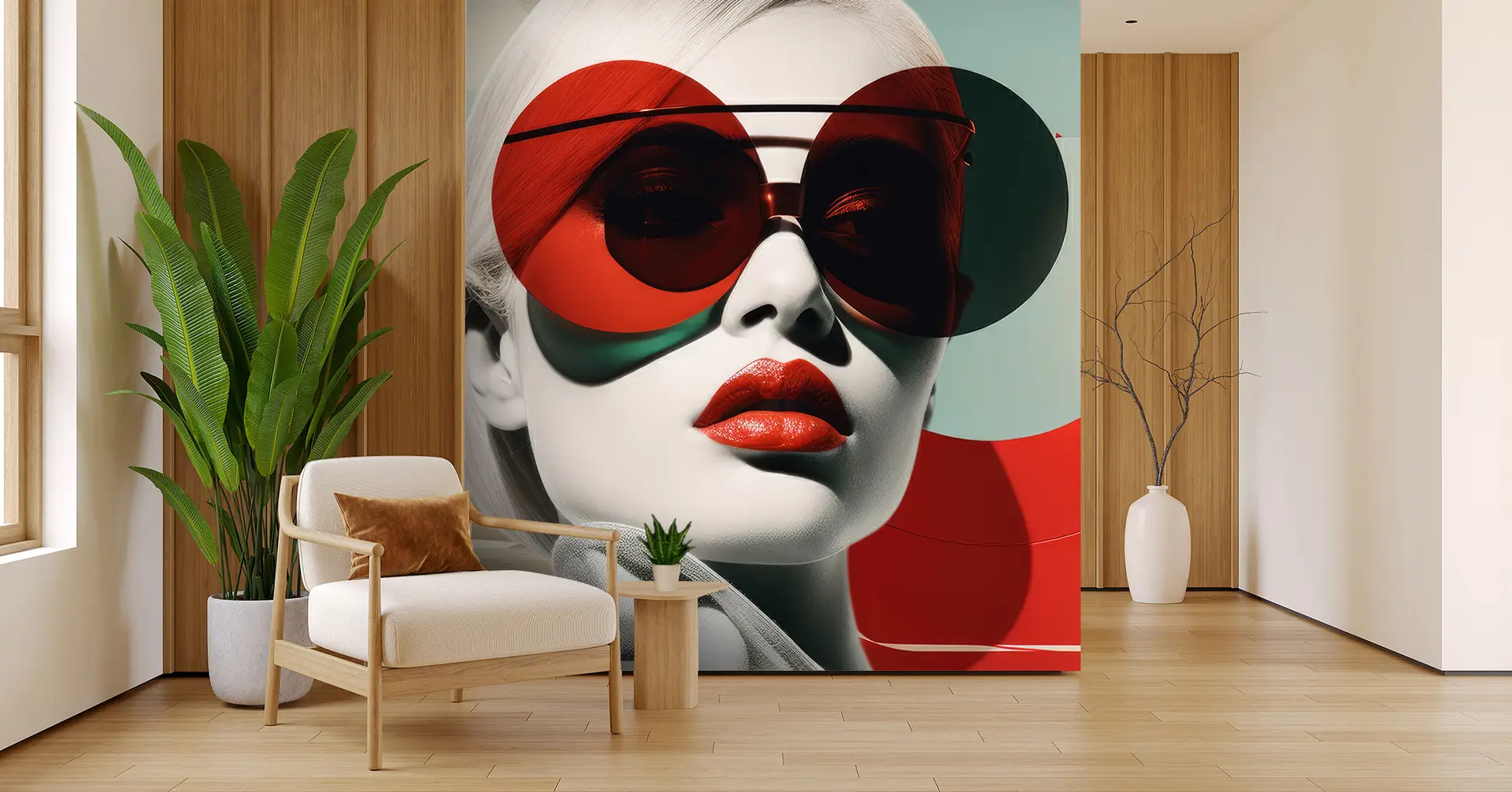 Toile tendue murale Fashion red glasses, posée dans un intérieur