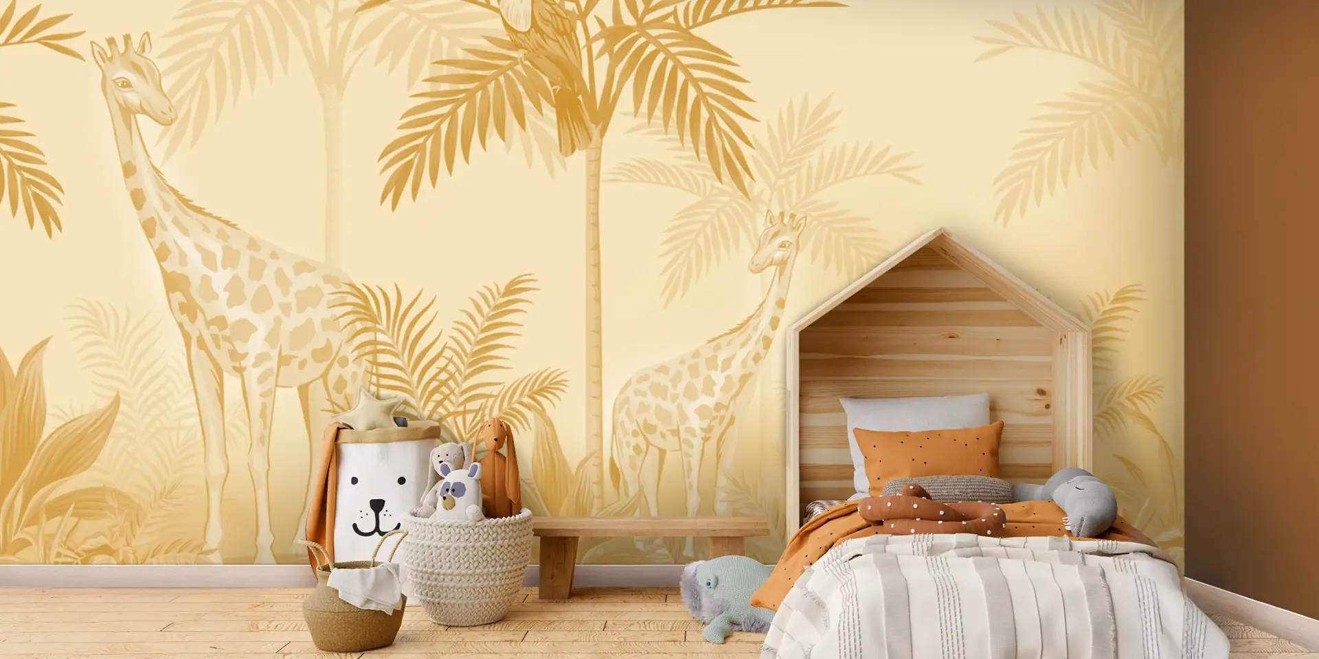 Toile tendue murale Les Girafes ambiance SAHARA, posée dans un intérieur