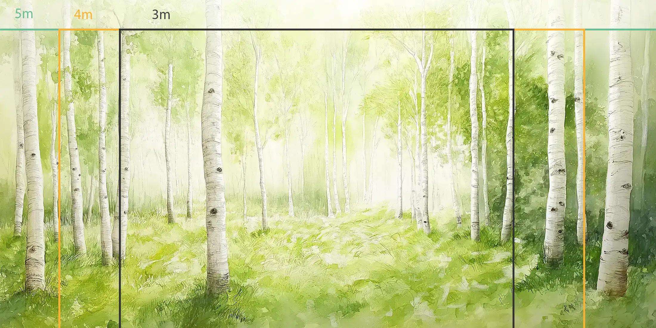 store_01JSP77R2WD9DAGQYCZT8JS9562Fassets2F1751033752402-1609-foret-de-bouleaux-aquarelle-mesures-300003 Toile tendue murale Forêt de bouleaux lumineuse, troisième visuel