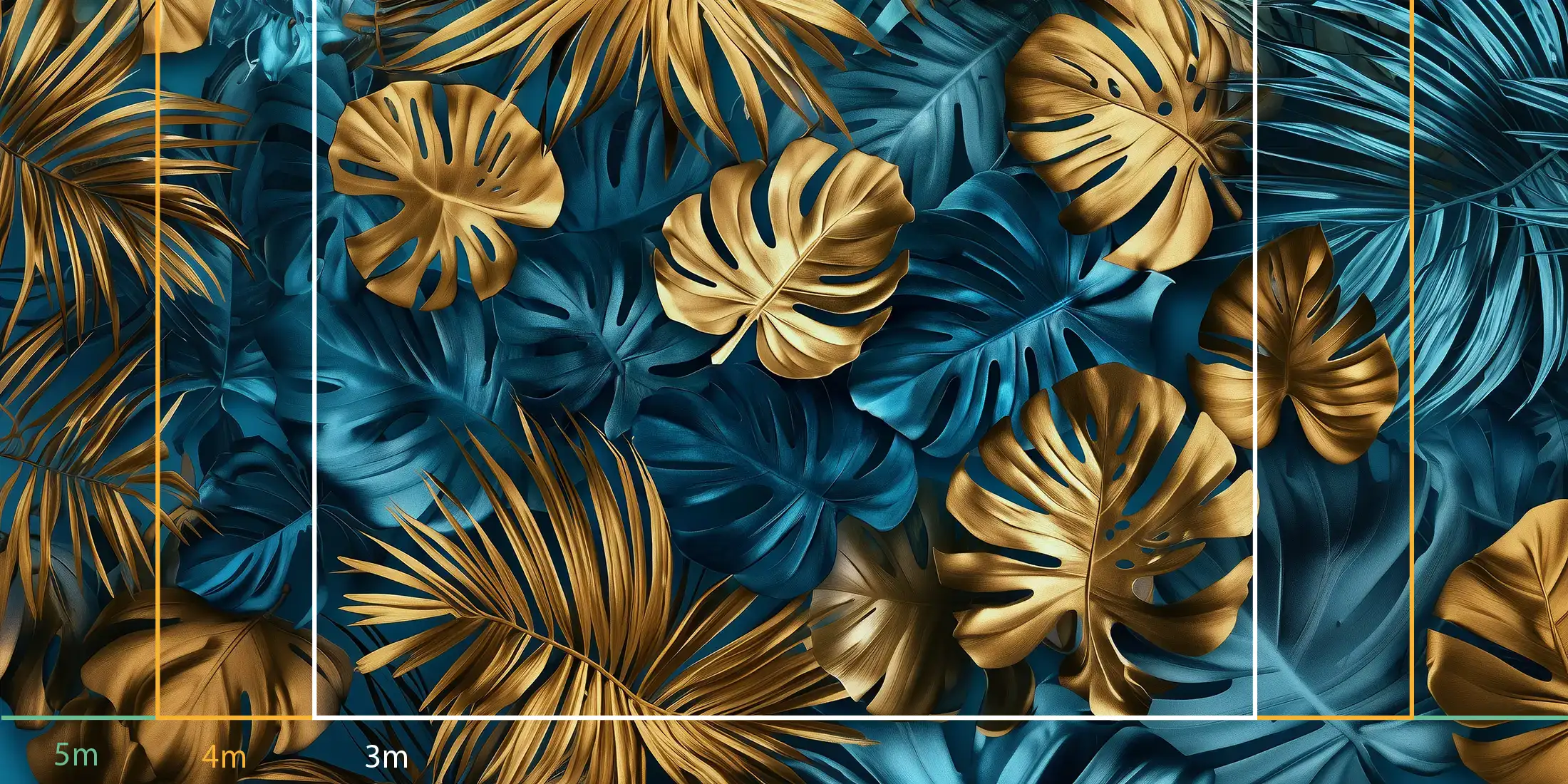store_01JSP77R2WD9DAGQYCZT8JS9562Fassets2F1751441579460-1609-feuilles-tropicales-turquoise-et-or-mesures-700001copie Toile tendue murale Feuilles tropicales, troisième visuel