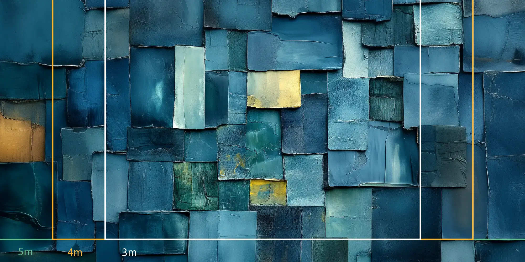 store_01JSP77R2WD9DAGQYCZT8JS9562Fassets2F1751467175057-1609-patchwork-touches-peintures-bleu-or-mesures-800003 Toile tendue murale Patchwork bleu et or, troisième visuel