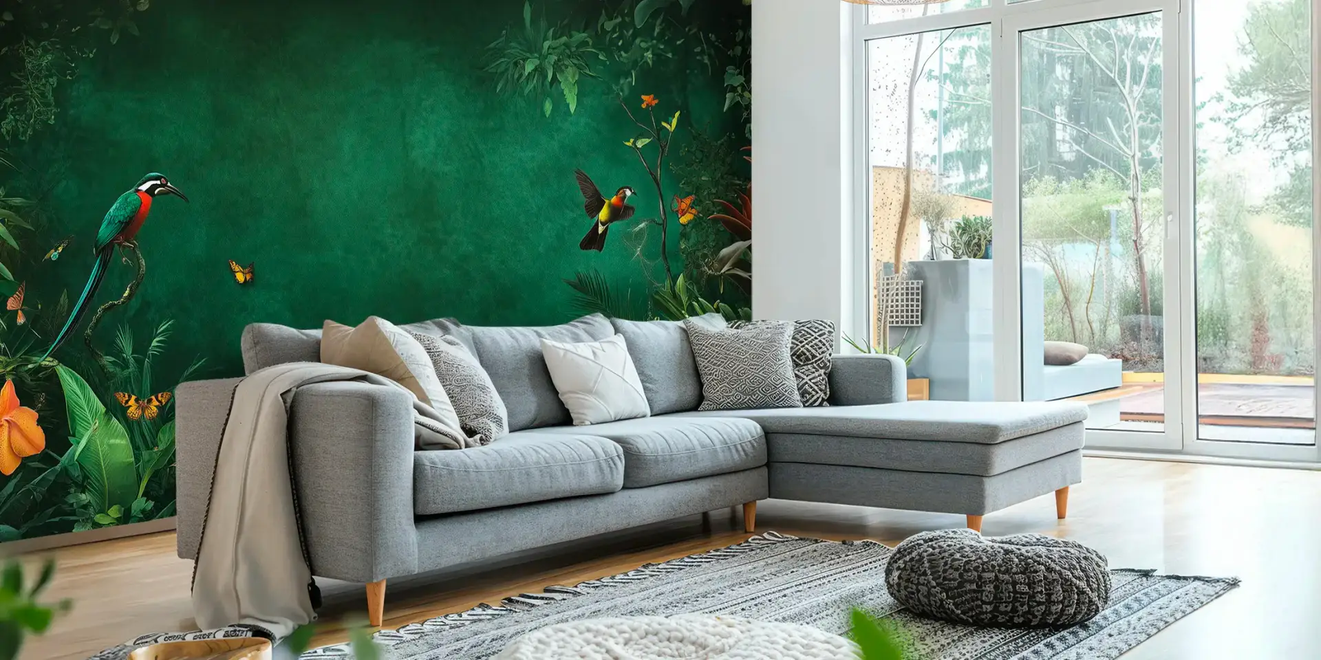 Toile tendue murale Jungle tropicale, posée dans un intérieur